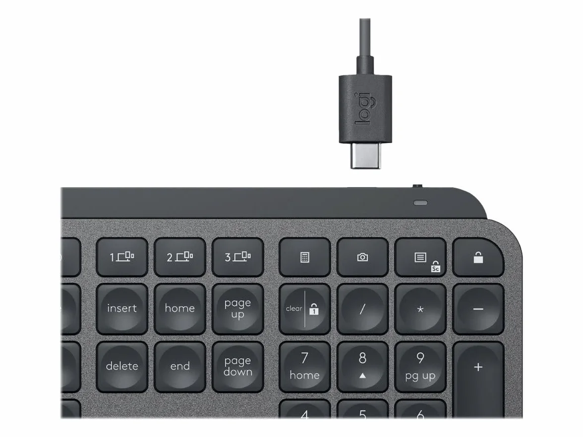 Logitech MX Keys bezprzewodowa klawiatura, odbiornik Bluetooth i USB, złącze USB-C, czas pracy baterii 5 miesięcy, funkcja Easy-Switch, podświetlenie przycisków, PC/Mac, układ skandynawski - grafitowy