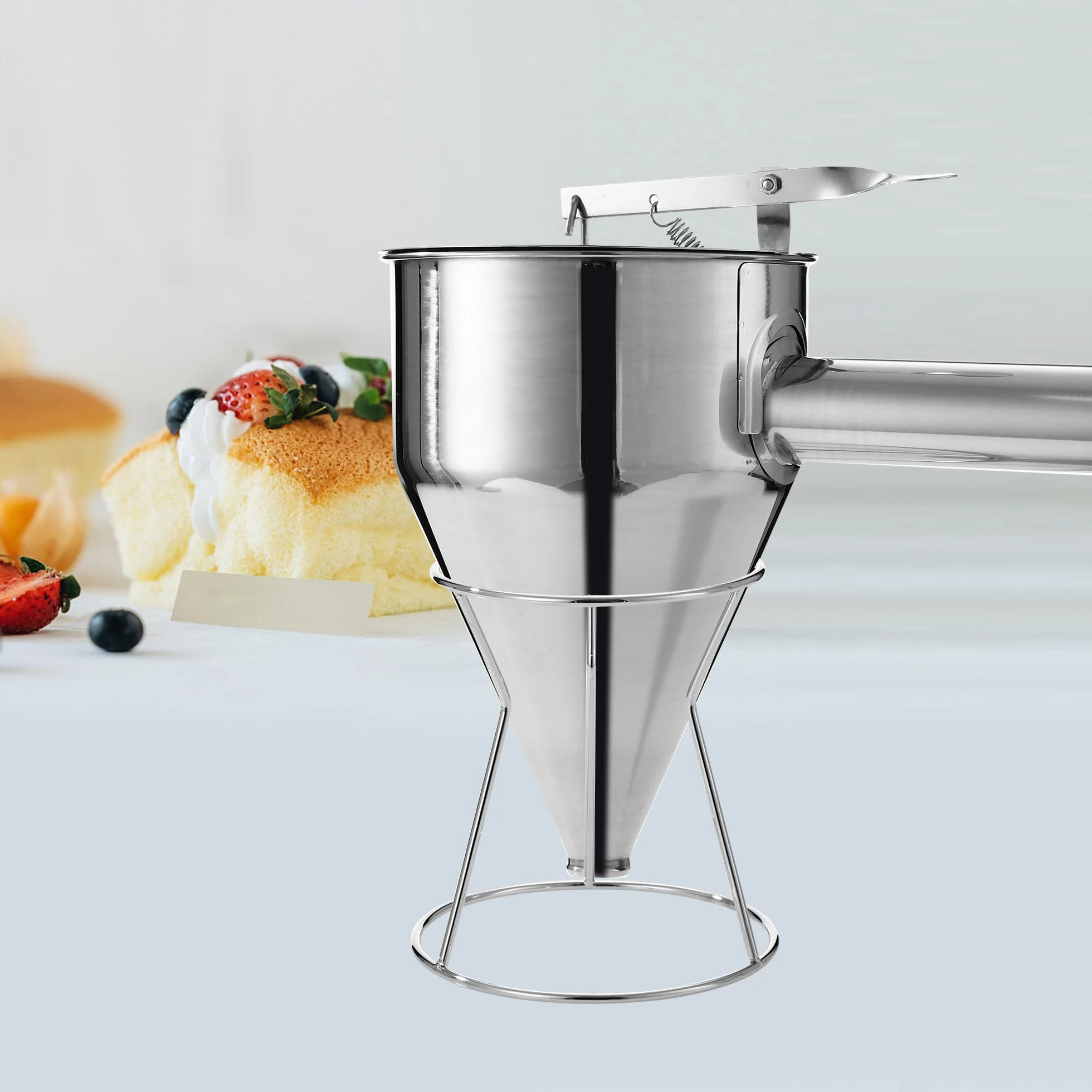HAOYULUO Dozownik ciasta ze stali nierdzewnej, lejek kuchenny 1200 ml, w zestawie z pokrywką, szczotką do czyszczenia i 4 wymiennymi dyszami, odpowiednie do naleśników i deserów