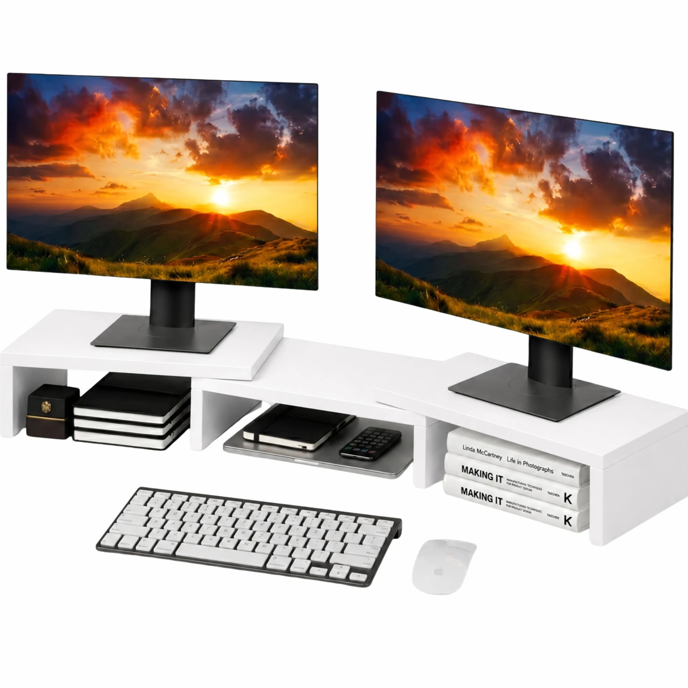 Podwójny stojak na monitor, Organizer na biuro, Stojak na laptopa, Podstawka pod komputer, 3 półki, Regulowana długość, Idealny do domowego biura, Biały