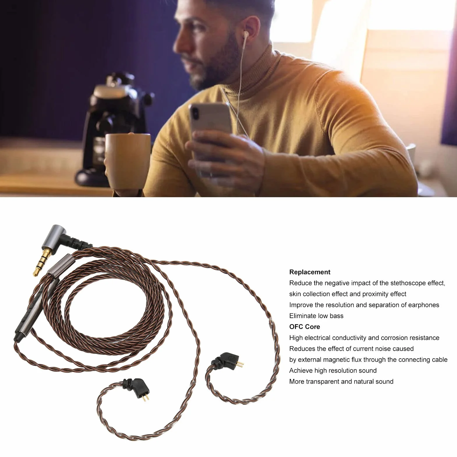 ZJchao Kabel IEM, 2 piny, 0,78 mm, 3,5 mm, prawy kątowy, zamiennik słuchawek dousznych, kabel 2-pinowy, kabel IEM z mikrofonem, kabel IEM z mikrofonem do AS106 ZST ZS3 ES4