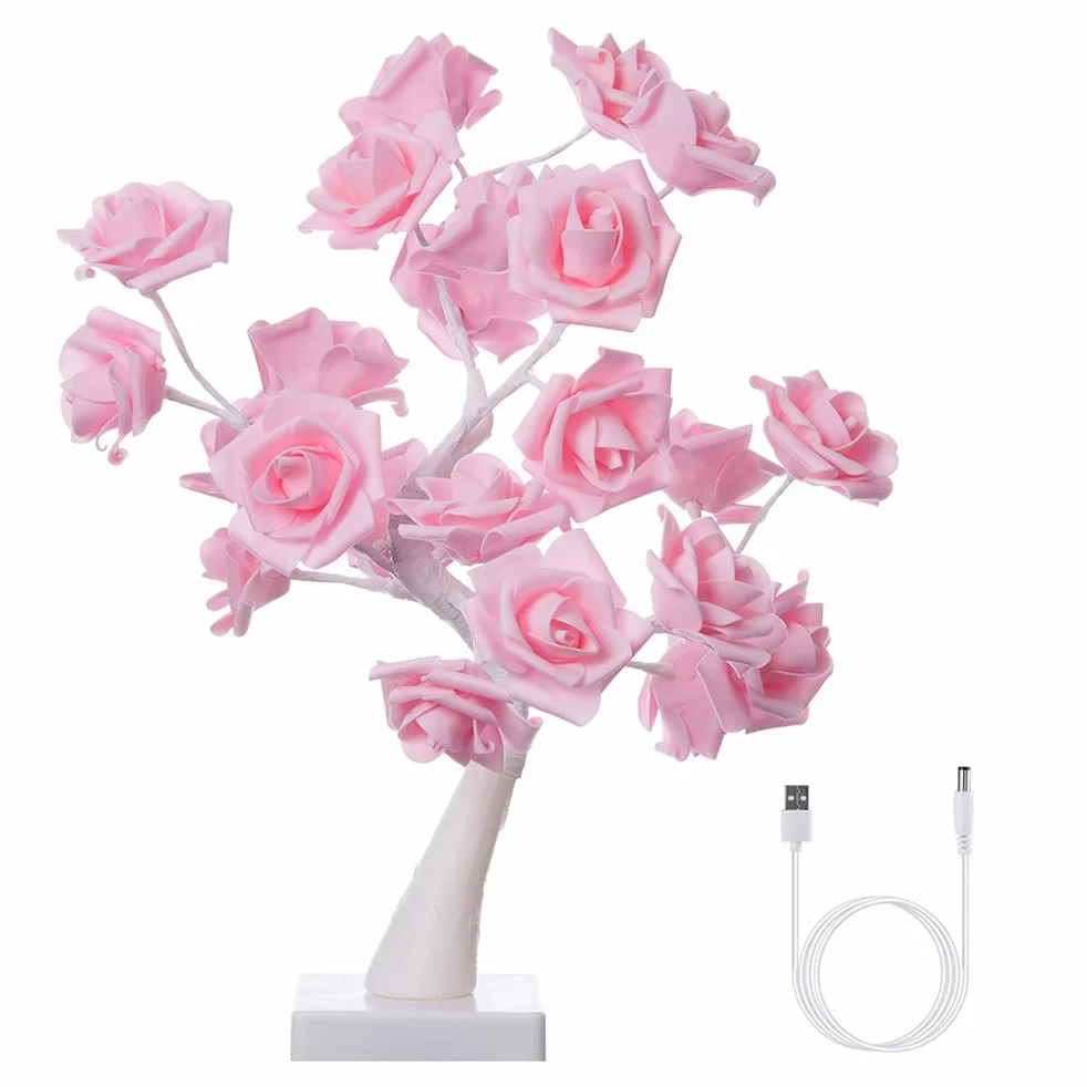 Lampa na biurko róża bonsai drzewo lampa zasilana bateriami dekoracyjne światło 24 LED sztuczny kwiat bonsai lampki choinkowe, na Dzień Matki, Boże Narodzenie,