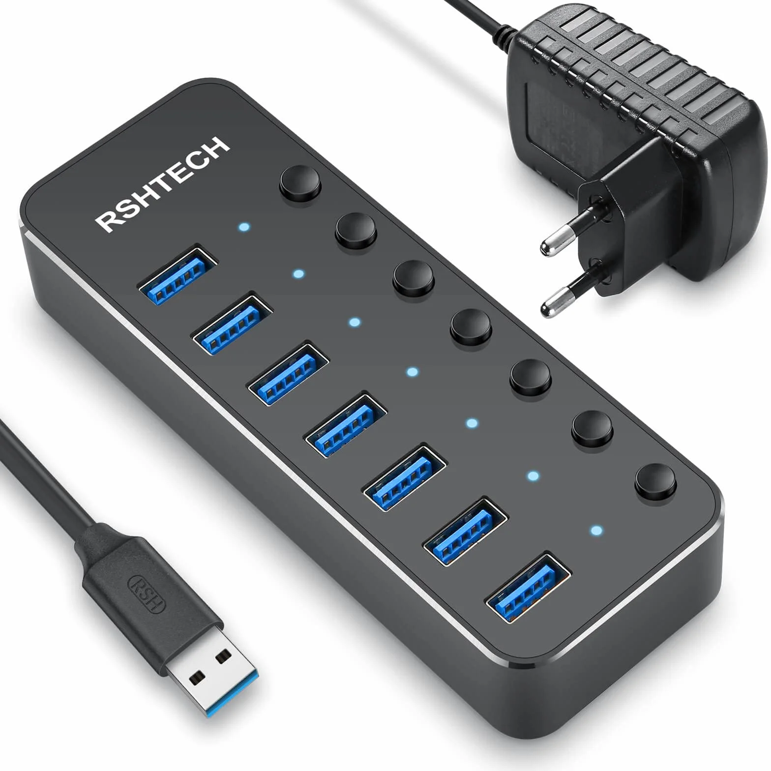 RSHTECH Hub USB 3.0 z 10W Zasilacz Aluminiowy 7 portów USB 3.0 Hub Expander do ładowania i przesyłania danych z adapterem 5V/2A i indywidualnymi włącznikami/wyłącznikami（RSH-518）