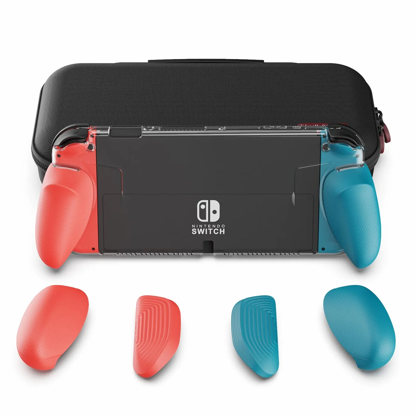 Skull & Co. GripCase OLED Bundle Nintendo Switch OLED Dockable Transparent Protective Case Interchangeable Grips Neon Blue+Neon Red