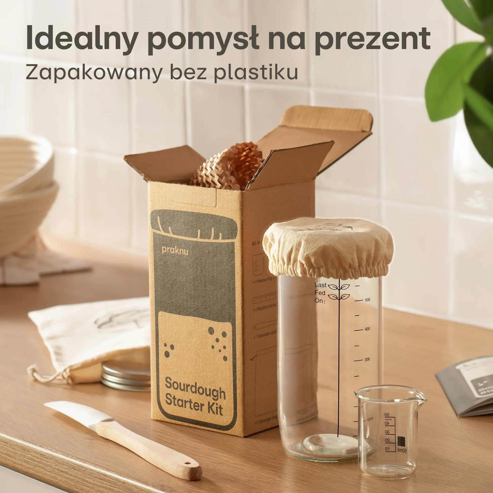 Praknu Zestaw Startowy do Zakwasu ze Szkła (700ml) Kompletny zestaw z przewodnikiem dla początkujących & pieczenie w domu – Idealny na prezent