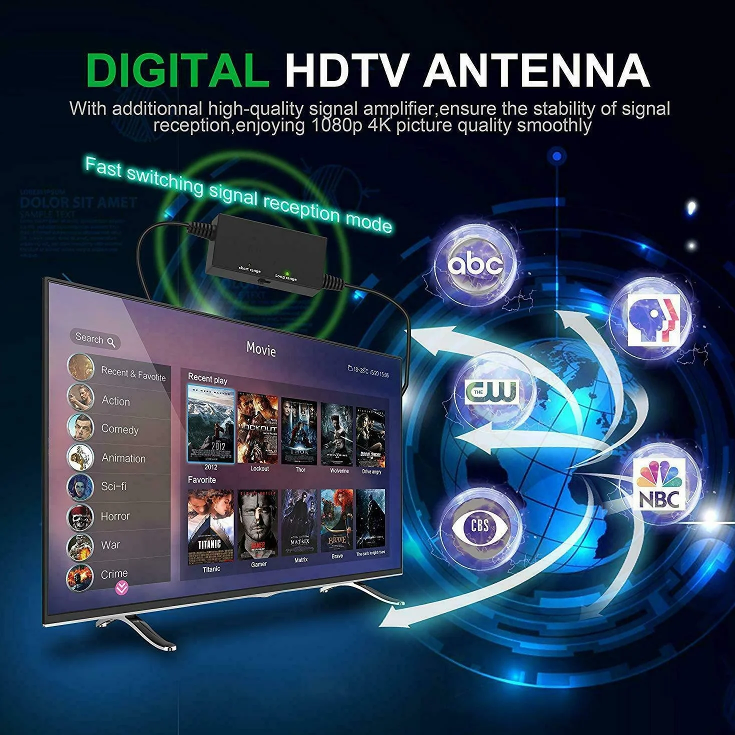 Antena Freeview 150 mil, cyfrowa antena telewizyjna z mocniejszym wzmacniaczem, 4K 1080P HD VHF UHF do kanałów lokalnych dla wszystkich telewizorów