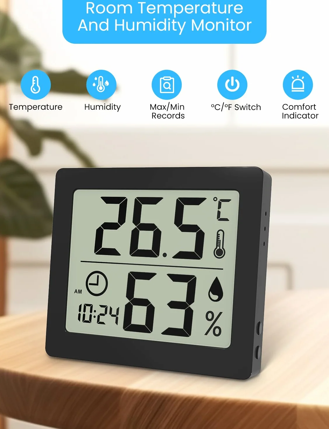 Termometr pokojowy z higrometrem wewnętrznym, higrometr, duży wyświetlacz LCD 3,2", termometr biurkowy z zegarem (czarny)