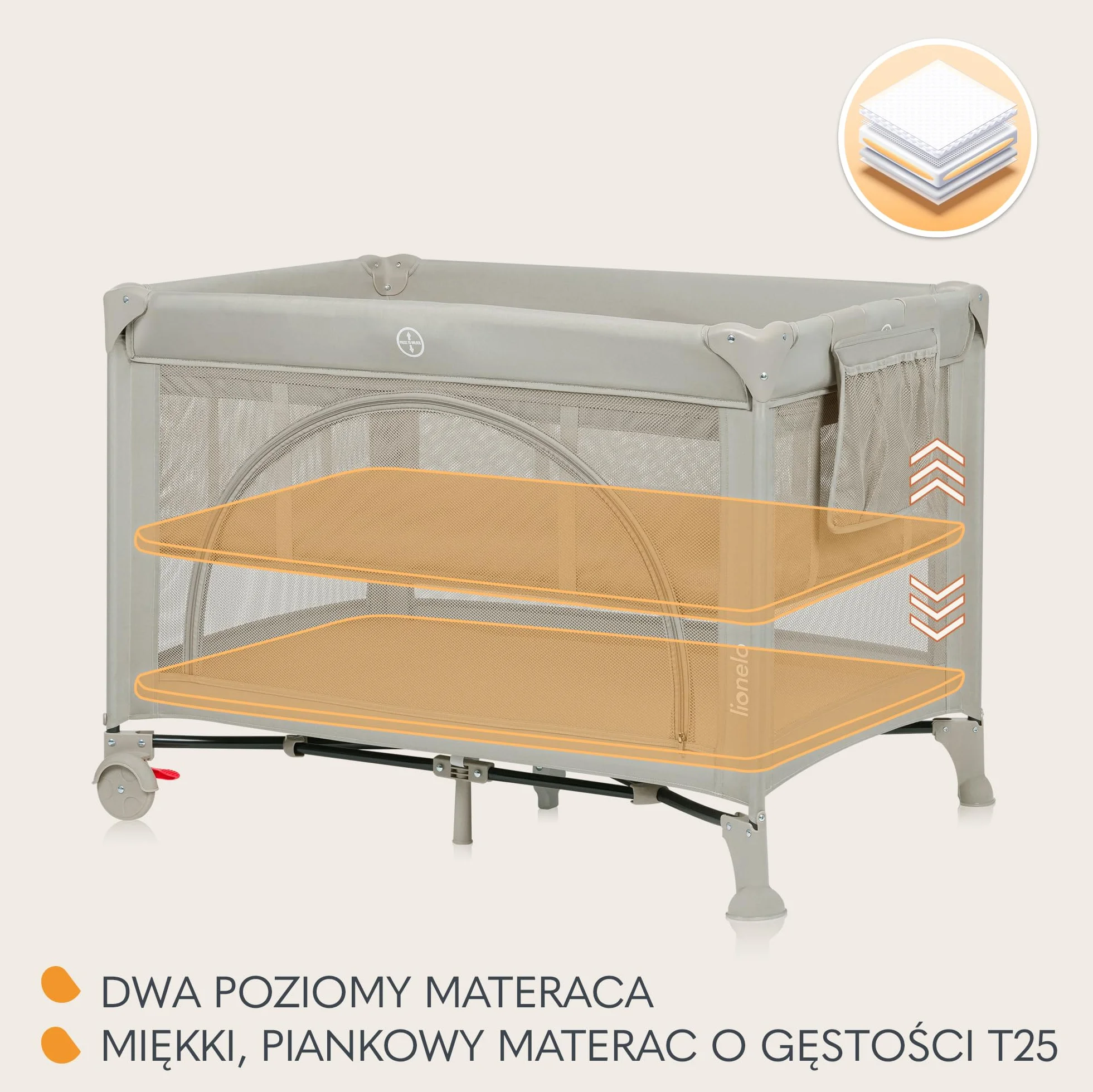 LIONELO LAURA Łóżeczko Turystyczne 2w1 Kojec dziecięcy do 15 kg 0-36 miesięcy Piankowy Materac T25 2 Poziomy Wysokości Torba Podróżna Koła z Hamulcem