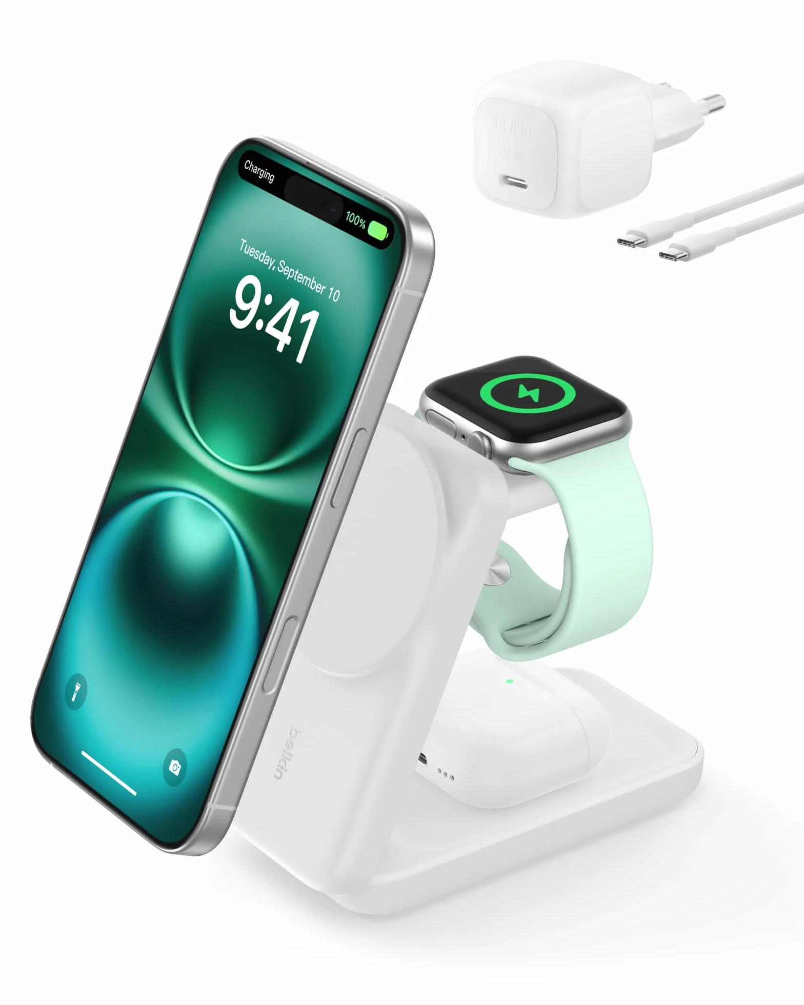 Belkin UltraCharge Qi2 Ładowarka Indukcyjna 3w1, 25W Bezprzewodowa Stacja Ładująca Zgodna z MagSafe do iPhone 16, Apple Watch, AirPods, Pixelsnap, Bezprzewodowa Ładowarka z Zasilaczem 45W, Biała