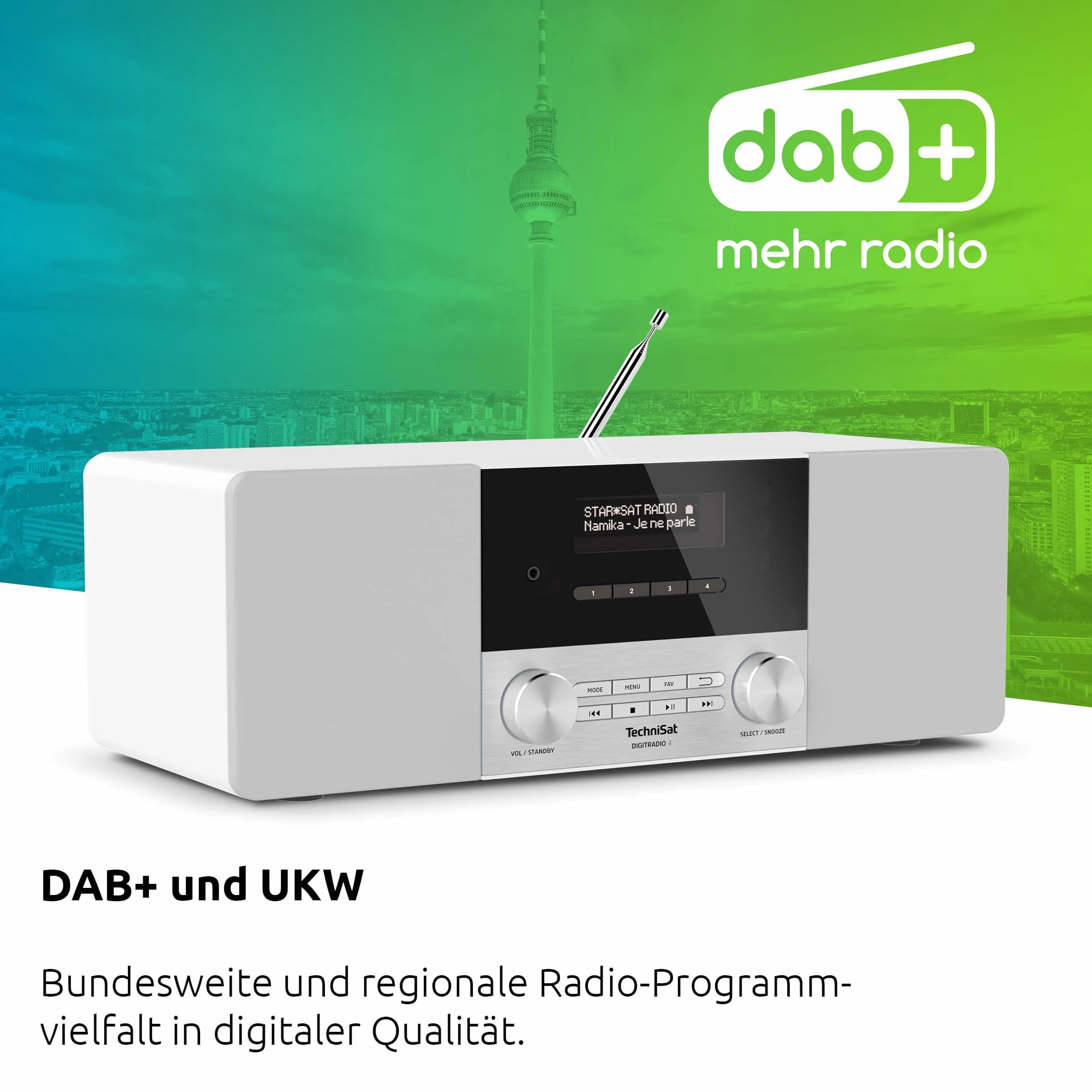 TechniSat DIGITRADIO 4 - Stereofoniczne radio DAB (DAB+, FM, Bluetooth audio streaming (odbiór), gniazdo słuchawkowe, wejście AUX, radiobudzik, wyświetlacz OLED, 20 W RMS, głośnik Elac) biały