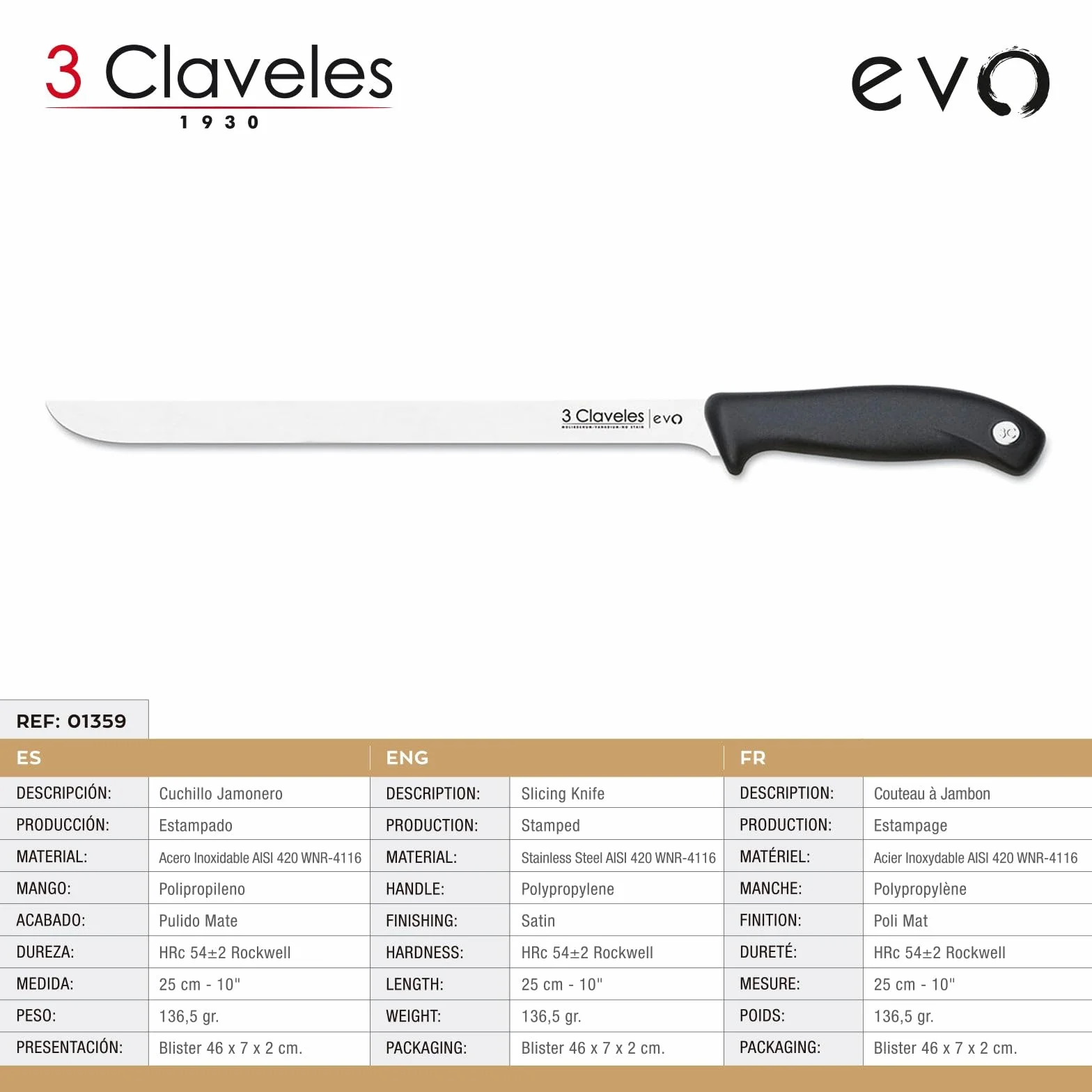 3Claveles Evo nóż do szynki 25 cm 10 cali