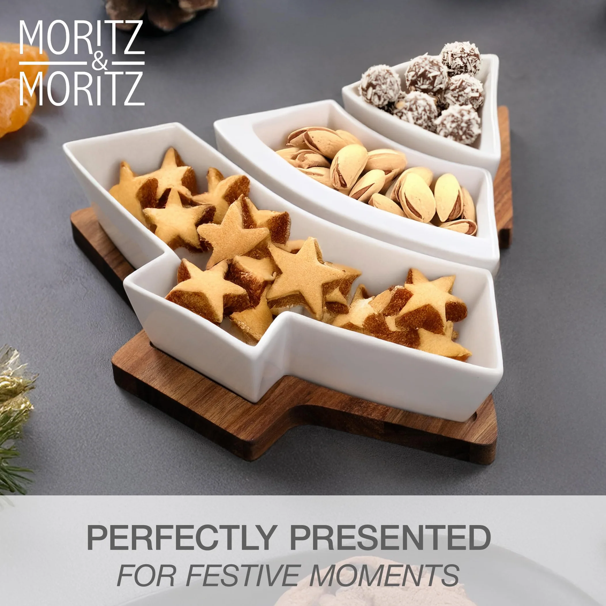 Moritz & Moritz Zestaw miseczek do serwowania Boże Narodzenie Choinka - zestaw miseczek do dipów z drewnianą tacy z drewna akacjowego - ceramiczne miseczki na przekąski, dip, ciastka i świąteczne