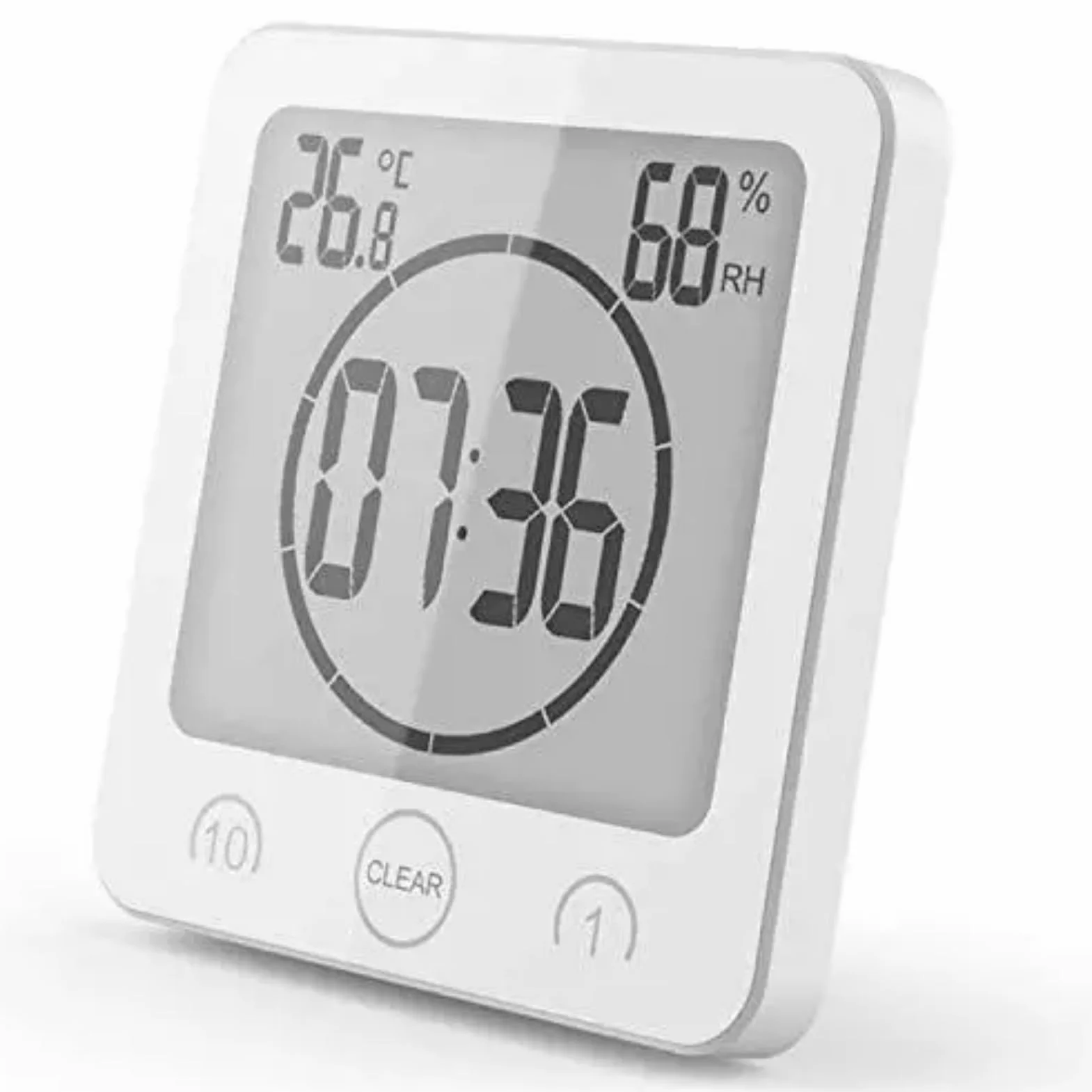 Cyfrowy zegar prysznicowy z budzikiem, wodoodporny timer łazienkowy, duży wyświetlacz LCD (czas/temperatura/wilgotność), 3 opcje montażu, do łazienki, kuchni, stacji do makijażu (biały)