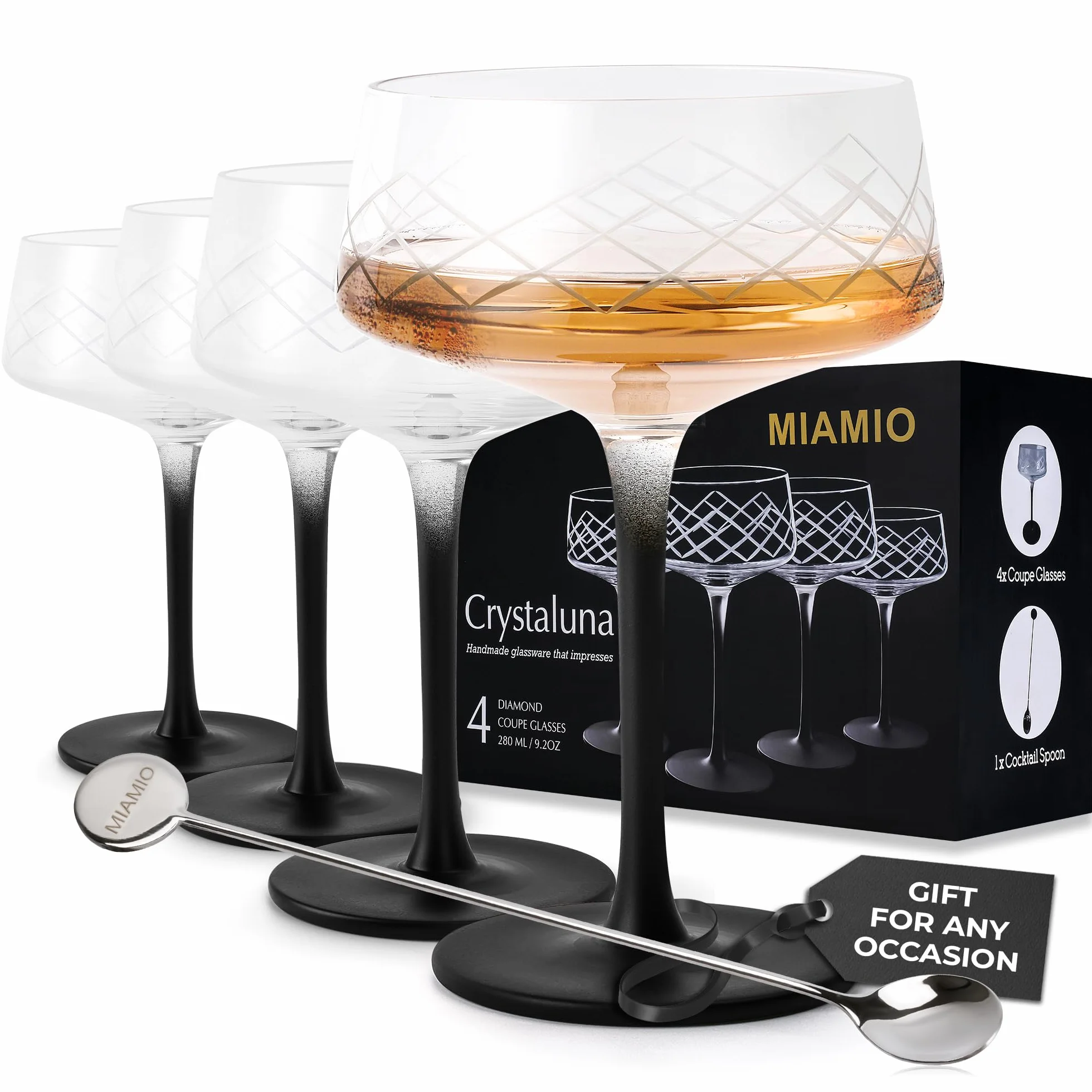 Zestaw 4 kieliszków coupe 280 ml ręcznie dmuchane kryształowe koktajlowe czarna nóżka Crystaluna