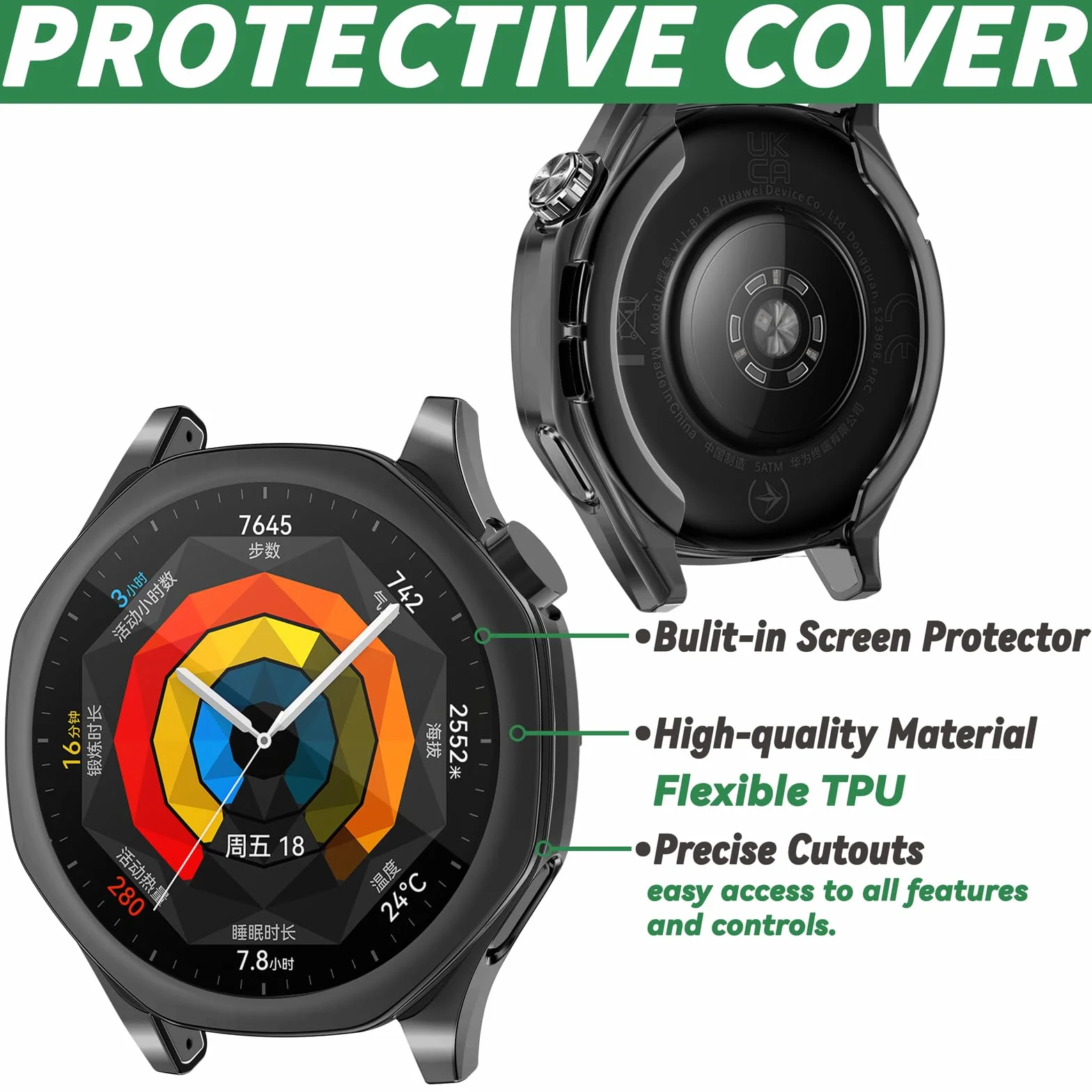 sciuU Etui ochronne kompatybilne z Huawei Watch GT 5 46 mm, elastyczne etui z TPU z wbudowaną osłoną ekranu, miękka ramka i odporna na wstrząsy osłona pasuje do smartwatcha GT5, czarne