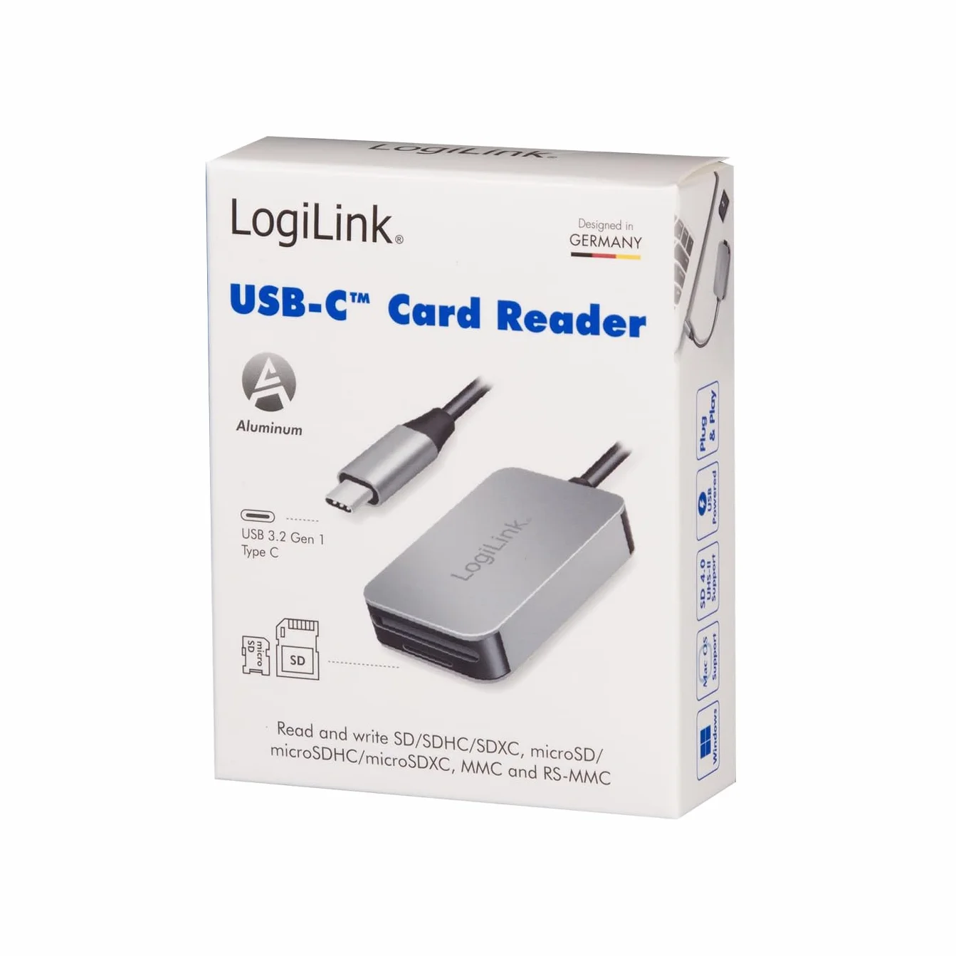 LogiLink CR0050 - podwójny czytnik kart, USB-C 3.2 Gen1 do kart SD, SDHC, SDXC, microSD, SDHC, SDXC, MMC i RS MMC do 1 TB, aluminium