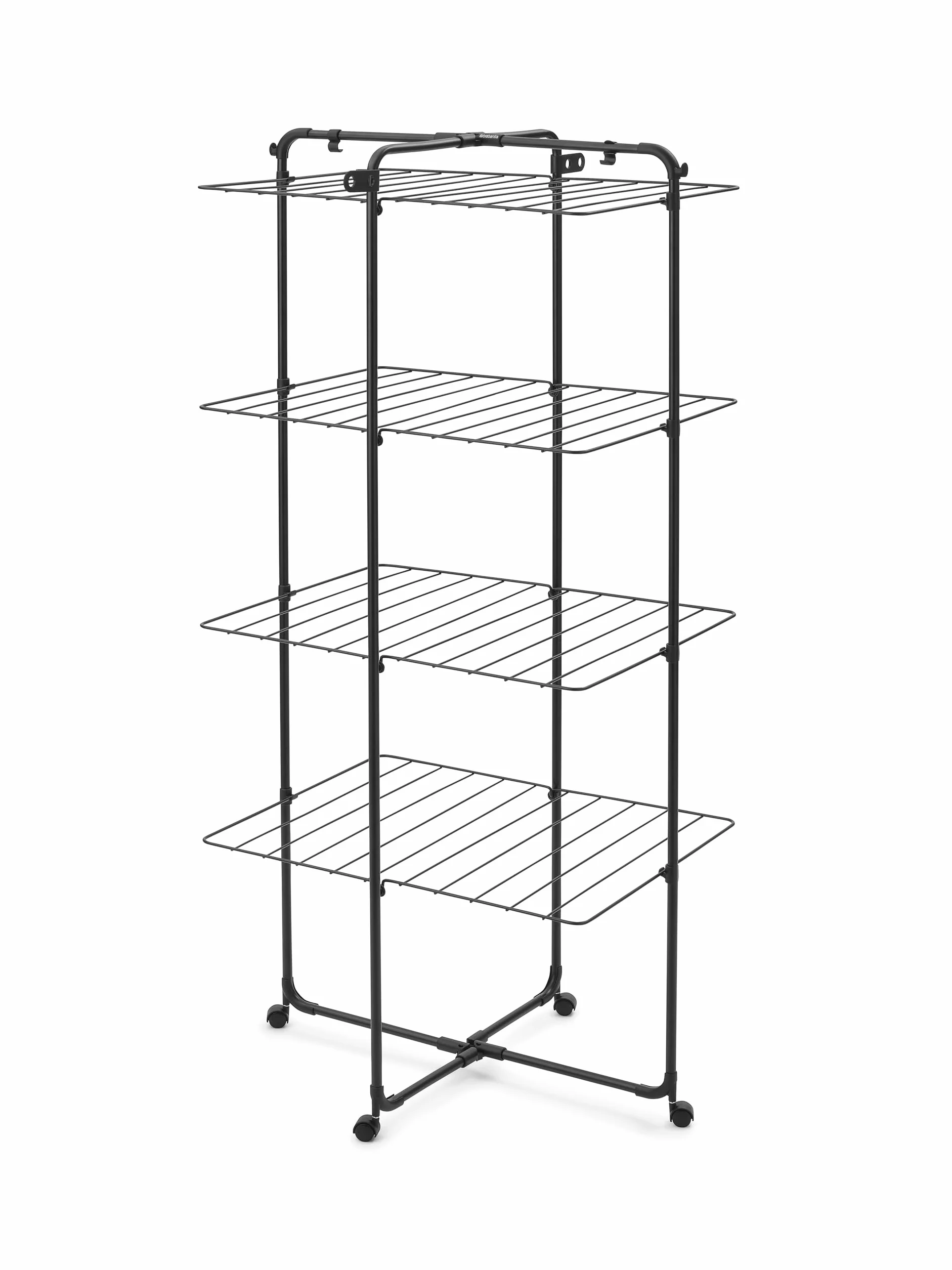 Brabantia Suszarka HangOn Tower, 30m (Matowa Czerń), Wysoka Składana Suszarka do Ubrań, Kompatkowy Stojak na Pranie z Kółkami i Haczykami