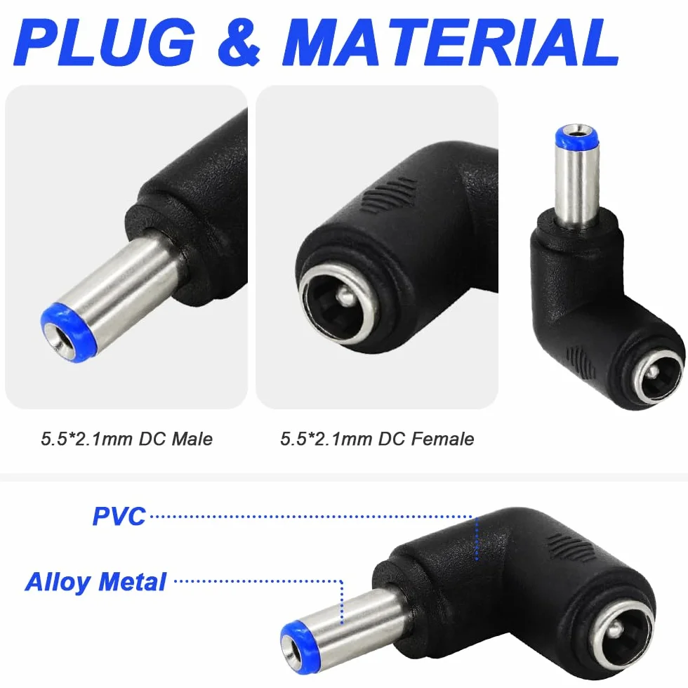 Adapter konwertera zasilania DC, kąt prosty 90 stopni 5,5 x 2,1 mm żeński na 5,5 x 2,1 mm męski DC wtyczka jack zasilania do laptopa, kabel DC (10 sztuk)
