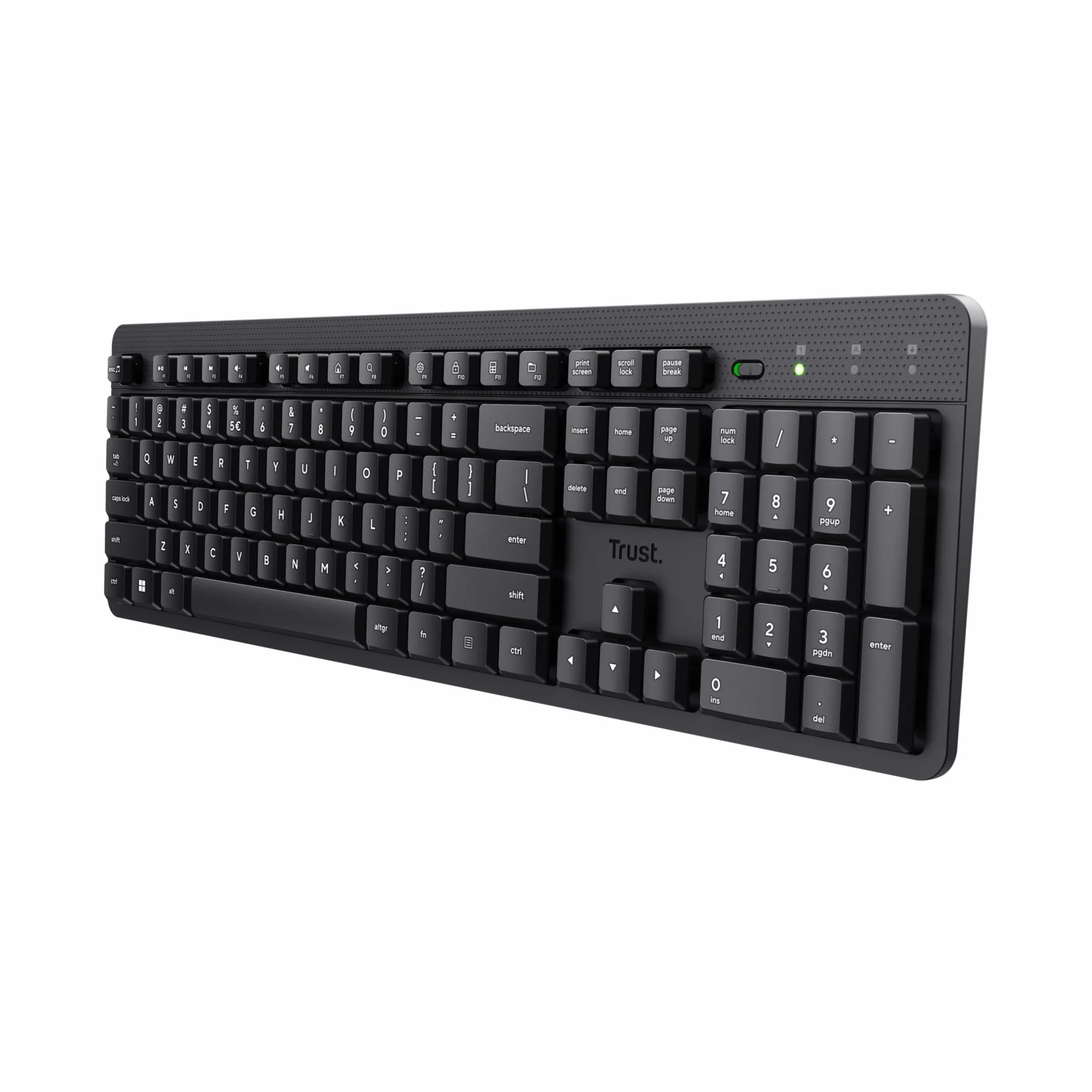 Trust Ody II Cicha klawiatura bezprzewodowa QWERTY układ US, unoszące się niskoprofilowe klawisze, odporne na zalanie, mikroodbiornik USB 2,4 GHz, pełnowymiarowa bezprzewodowa klawiatura do PC,