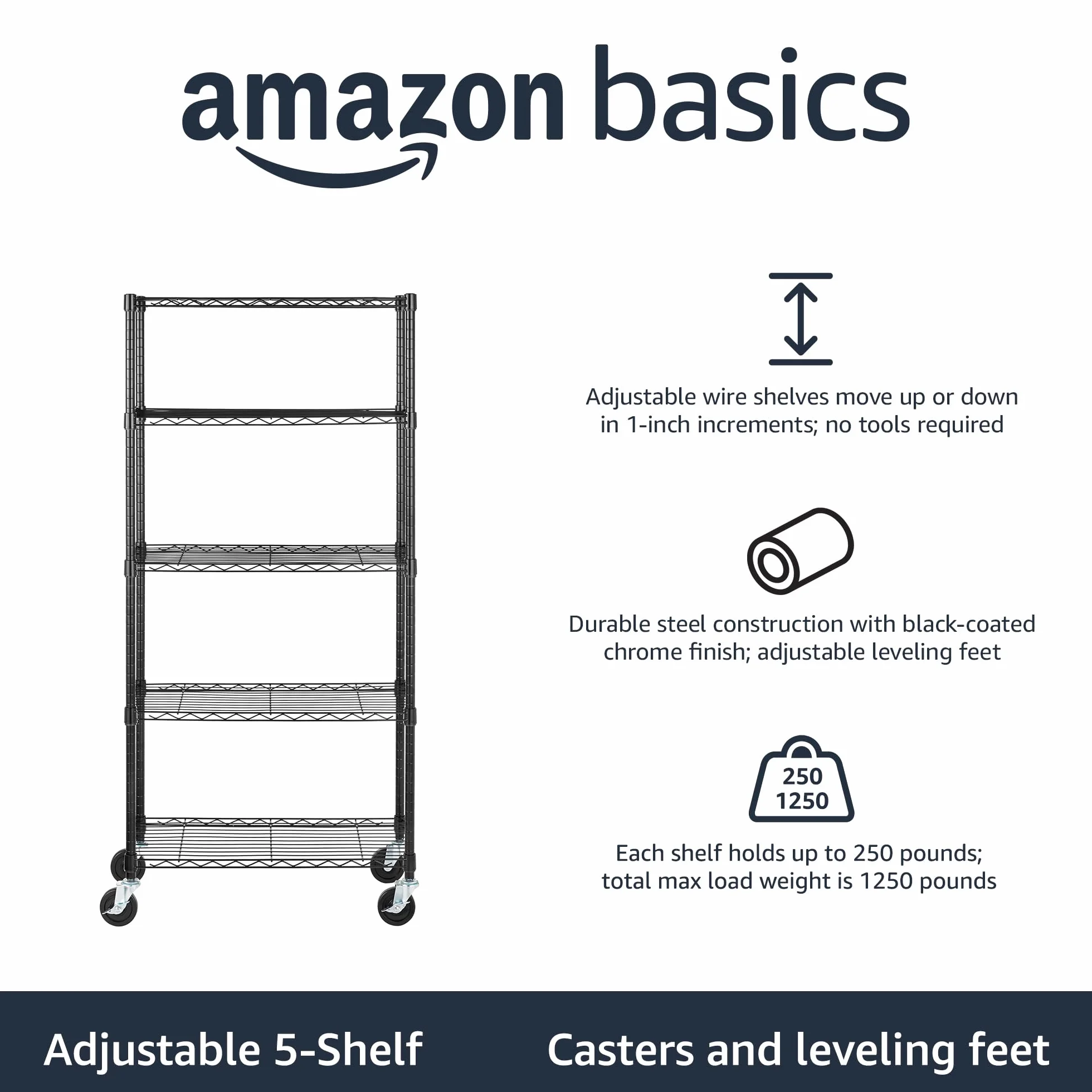 Amazon Basics Regał magazynowy z 5 półkami, na kółkach 10,2cm, półki z regulacją wysokości i nóżki poziomujące, maksymalna waga 680kg, czarny, 35,6cm x 76,2cm x 162,2cm (gł. x szer. x wys.)