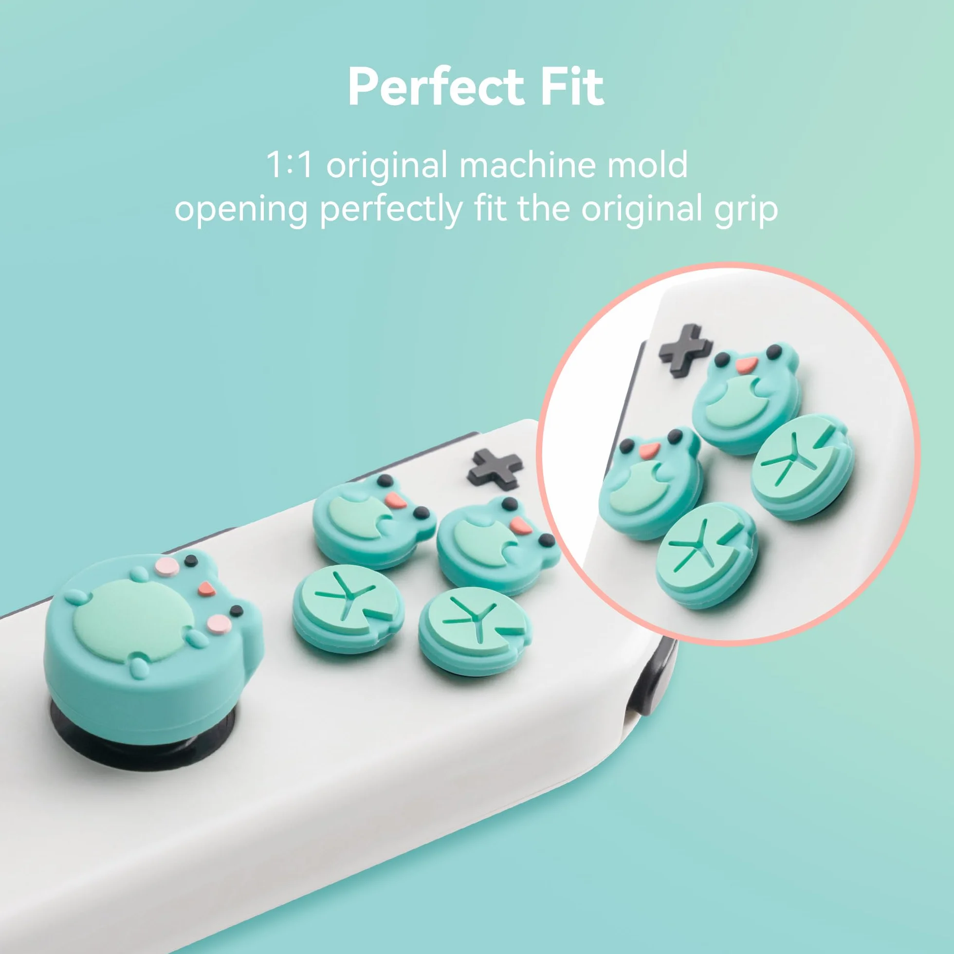 GeekShare Silikonowe przyciski ABXY Naklejki Joystick Cover Caps, Cross D-Pad Button Caps Silikonowe uchwyty na kciuki Zestawy kompatybilne z Switch/OLED - Frog & Axolotl