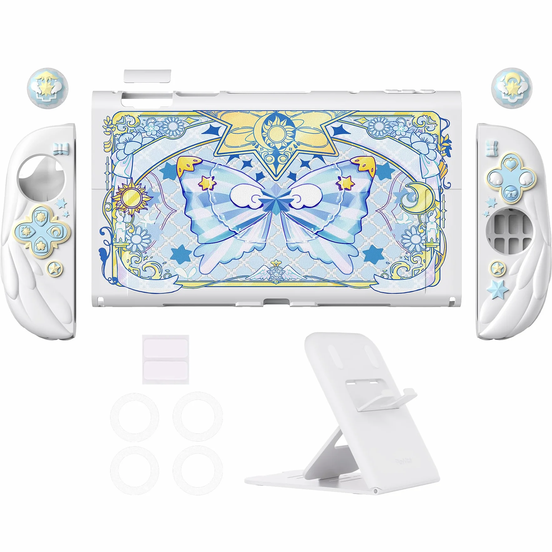 PlayVital Etui na Konsolę do Switch 2 Akcesorium z Silikonowymi Osłonami Joycon & Nakładkami na Joysticki do Switch 2,Dockowalne Ochronne-Biały, Styl Magiczne Skrzydła