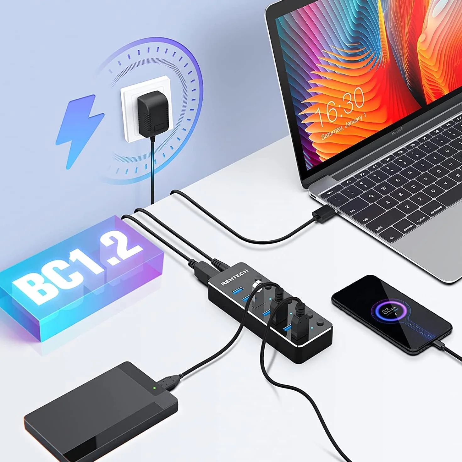 RSHTECH Hub USB 3.0 z 10W Zasilacz Aluminiowy 7 portów USB 3.0 Hub Expander do ładowania i przesyłania danych z adapterem 5V/2A i indywidualnymi włącznikami/wyłącznikami（RSH-518）