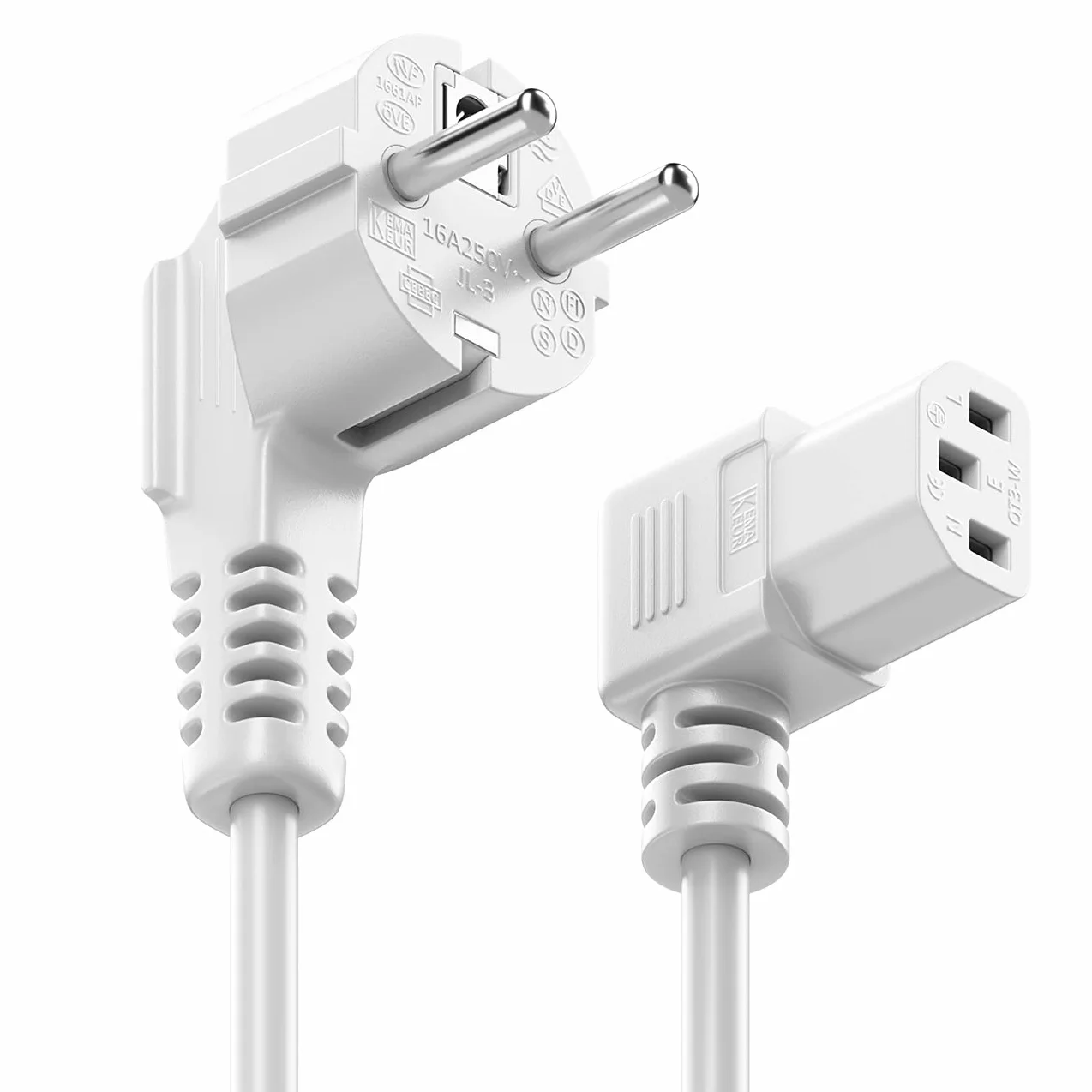 deleyCON 3,0m Kabel Zasilający Przewód Sieciowy Wtyk Ochronny Typ F (CEE 7/7) 90° Kątowy na Gniazdo C13 90° Kątowe Prawe PC Komputer Monitor Drukarka Projektor - Biały