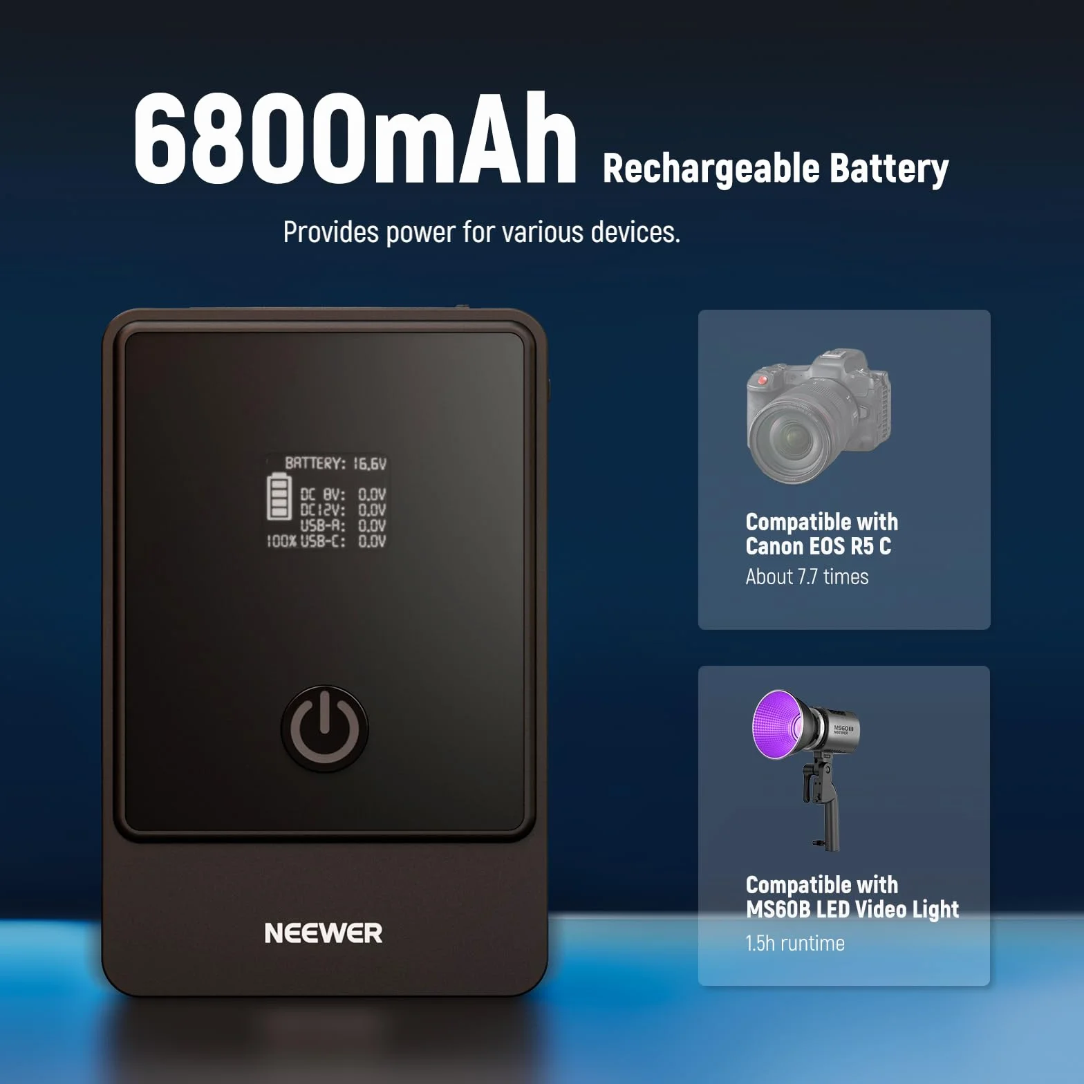 NEEWER Bateria mini V, 6800 mAh, 99 Wh, 14,5 V, bateria mini V z 65 W PD typ C/D Tap/BP/USB A/podwójny port DC/wyświetlacz OLED do kamery wideo kompatybilny z SmallRig BMPCC 4k 6k, PS099E