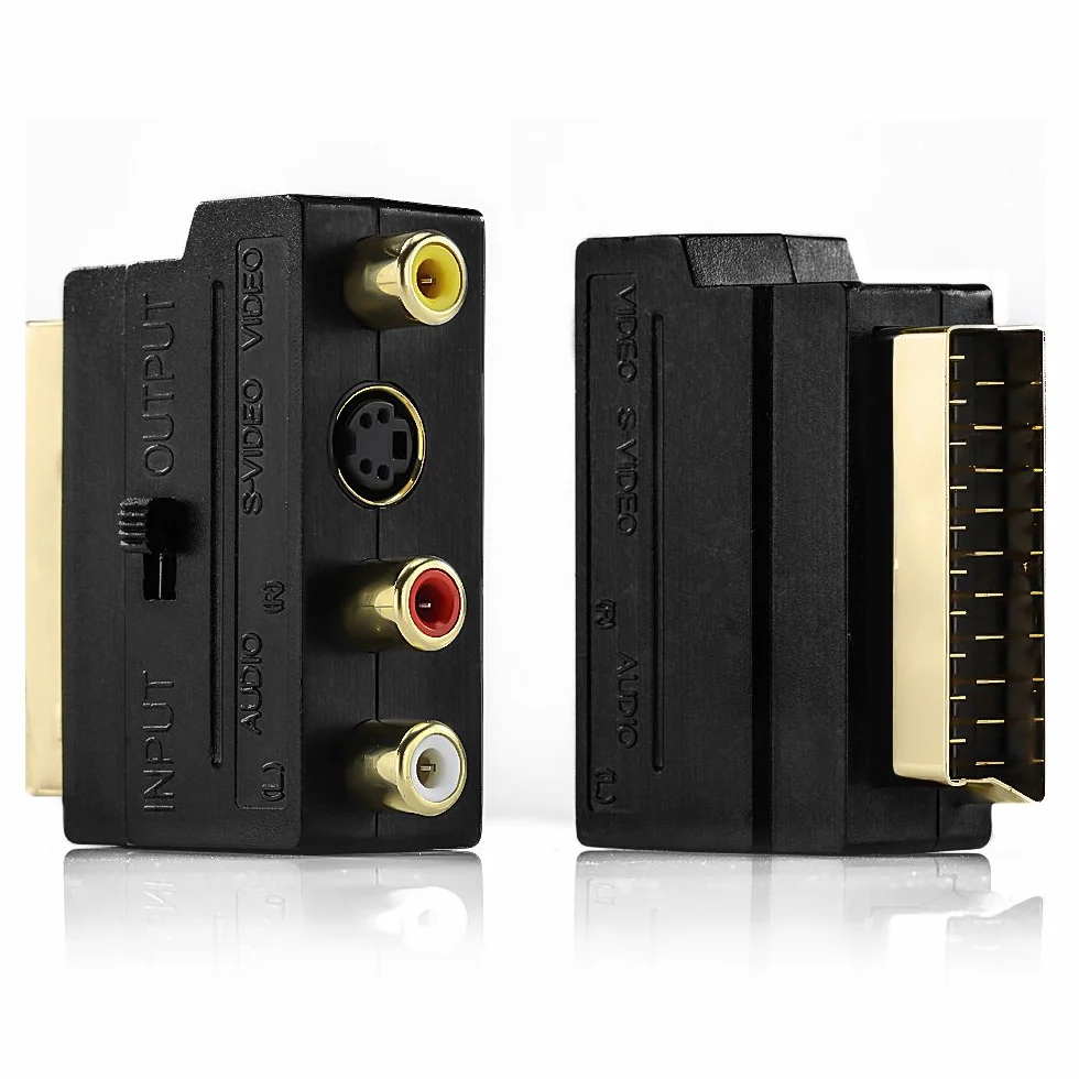 deleyCON Scart na 3x gniazda cinch przełącznik IN/OUT + adapter S-VIDEO S-VHS AV audio video - Czarny