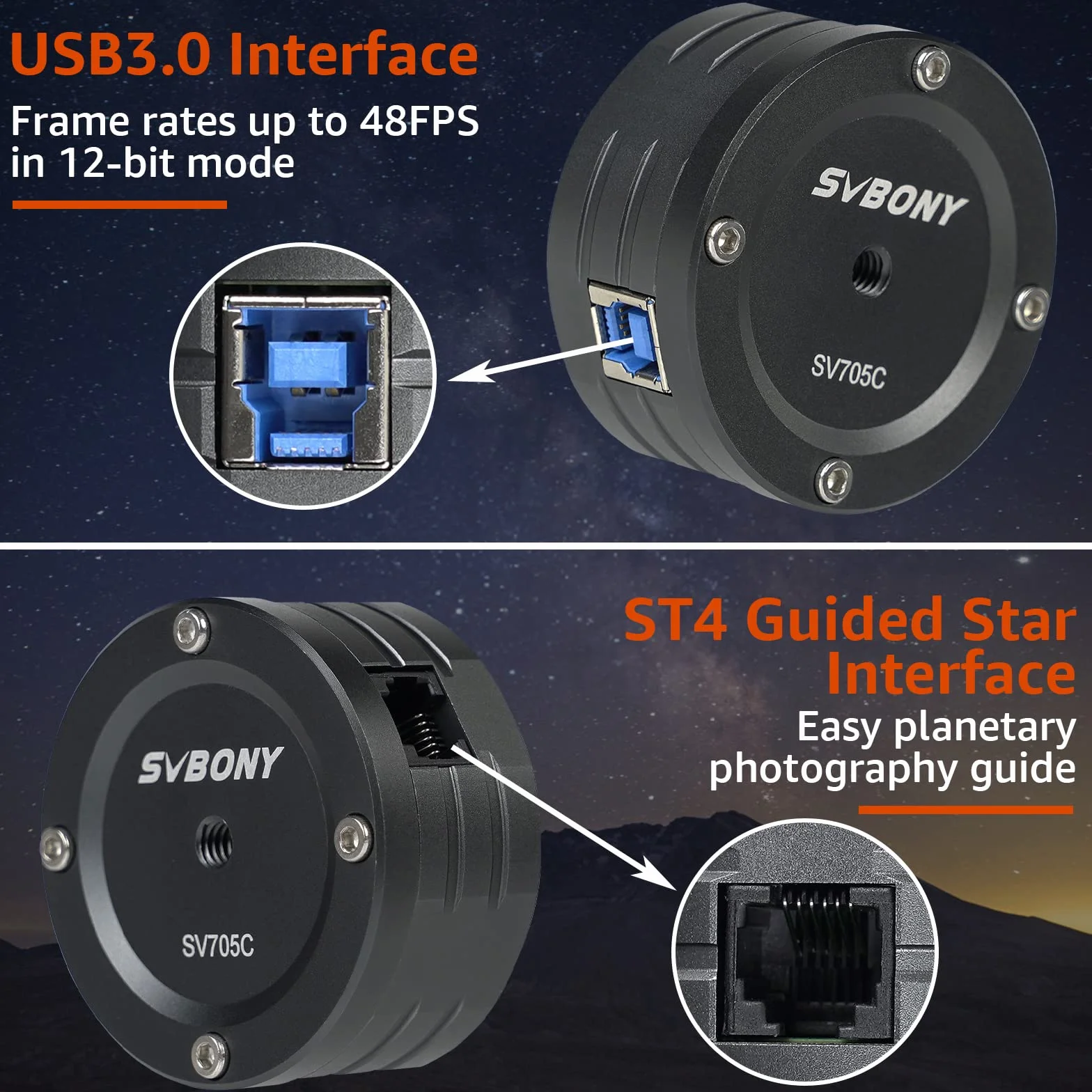 Svbony SV705C Teleskopowe kamery obrazowe Kolor, port prowadzący USB 3.0 ST4, duży pełny otwór, wysoka czułość NIR, poziom wejścia planetarnego Aparat do fotografii głębokiego nieba do obrazowania EAA