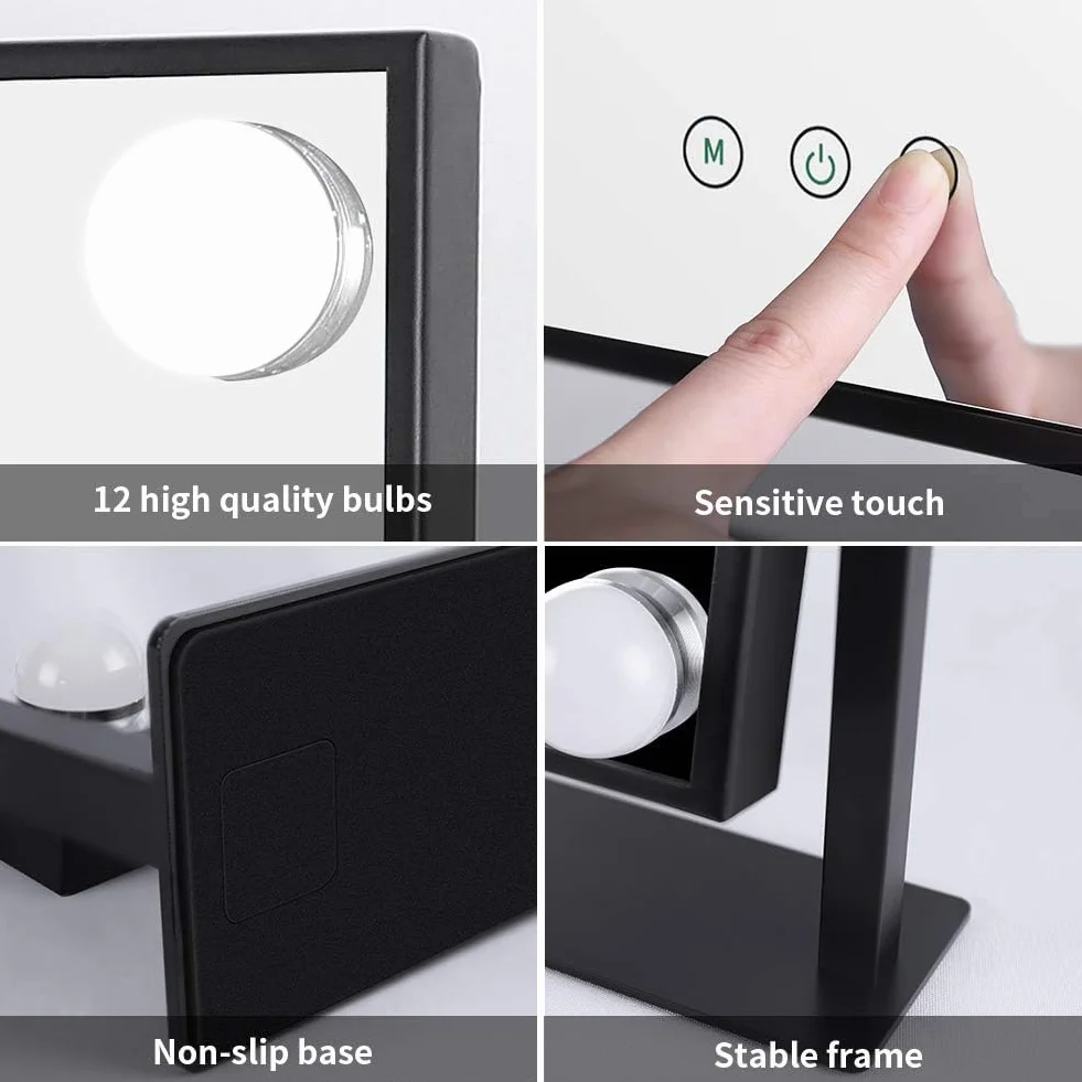 Meidom Lusterko do makijażu z oświetleniem, 12 ściemnianych diod LED, obracane o 360°, 3 kolory światła, ekran Smart Touch, lustro Hollywood z oświetleniem, czarne, 36 x 47 cm