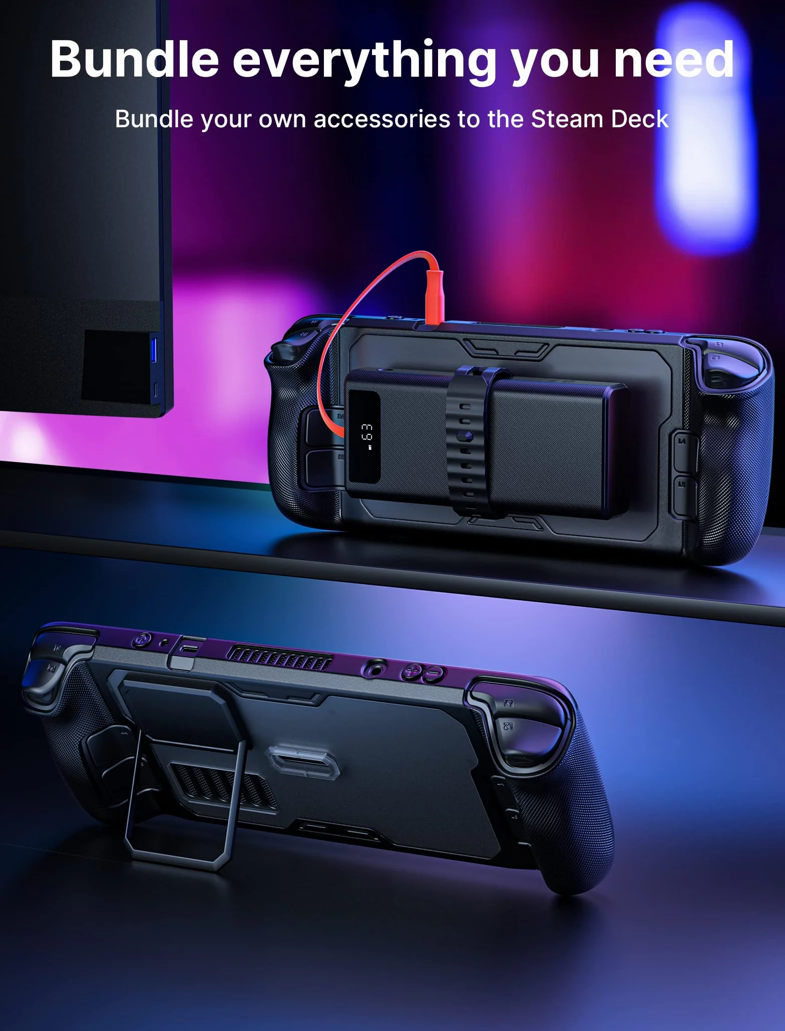JSAUX ModCase kompatybilny z Steam Deck, PC0104 modułowa obudowa kompatybilna ze Steam Deck z odłączanym przodem, zestaw zawiera etui ochronne, osłonę ekranu, uchwyt i pasek – zestaw podstawowy