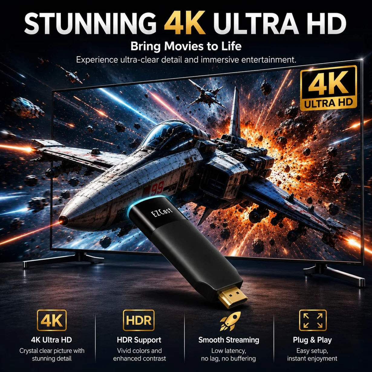 Lustro TV EZCast 2, bezprzewodowy odbiornik Wi-Fi, kompatybilny z WiFi 2,4/5 GHz, kompatybilny z Androidem, iOS, Windows, MacOS, DLNA, Miracast, Airplay