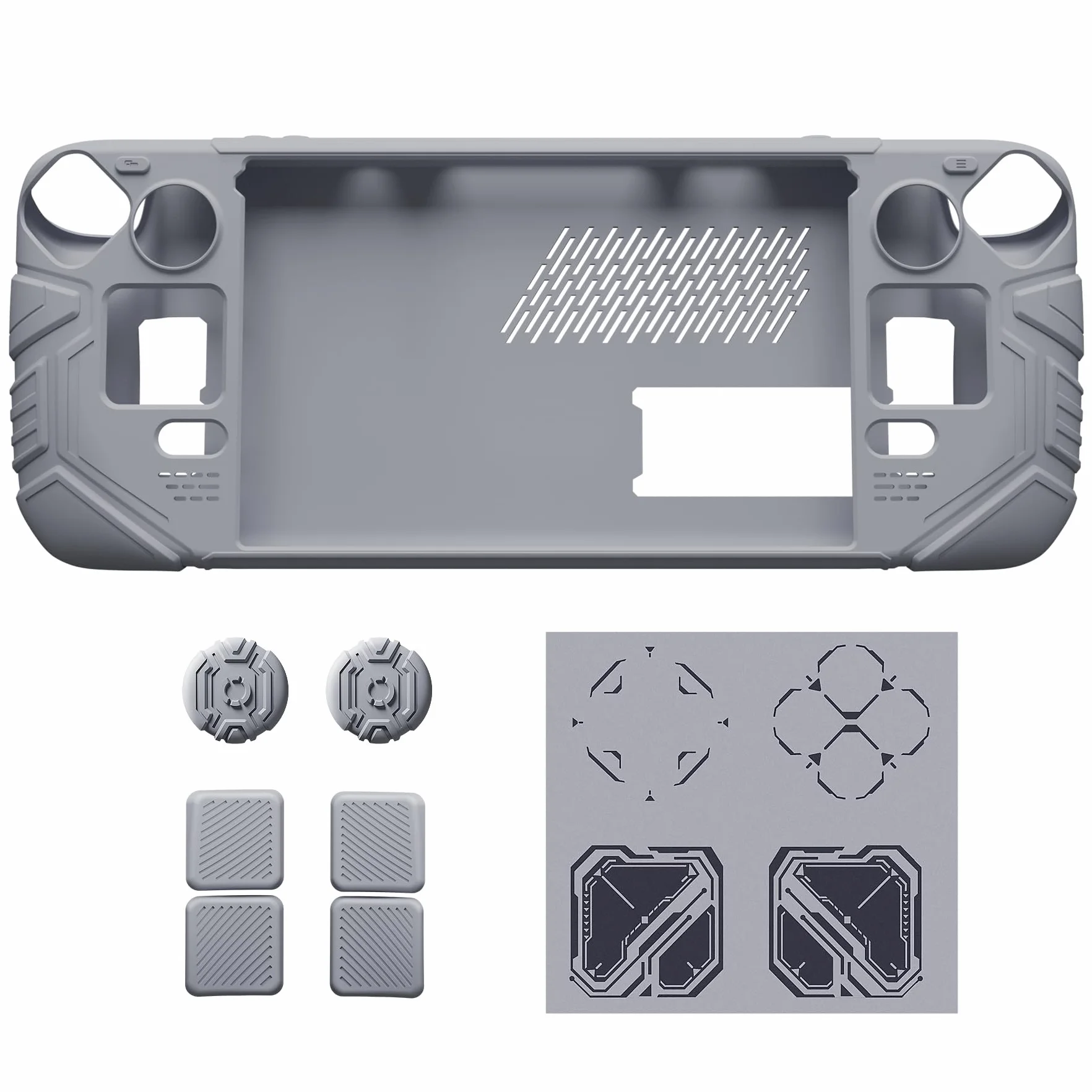 PlayVital Etui do Steam Deck OLED & LCD z Przyciskami Tylnymi & Nakładkami Joystick & Naklejkami,Silikonowy Pokrowiec do Steam Deck Akcesorium Ochronne– Szary Mécha
