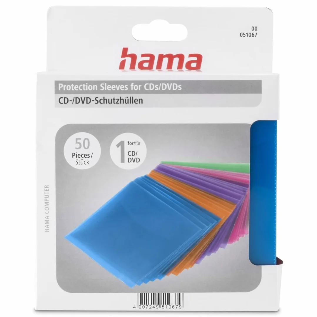 Hama Opakowania na płyty CD-ROM-/DVD-ROM (50 sztuk, PP, 12,7x12,7x0,03 cm) czerwony/fioletowy/niebieski/zielony/pomarańczowy