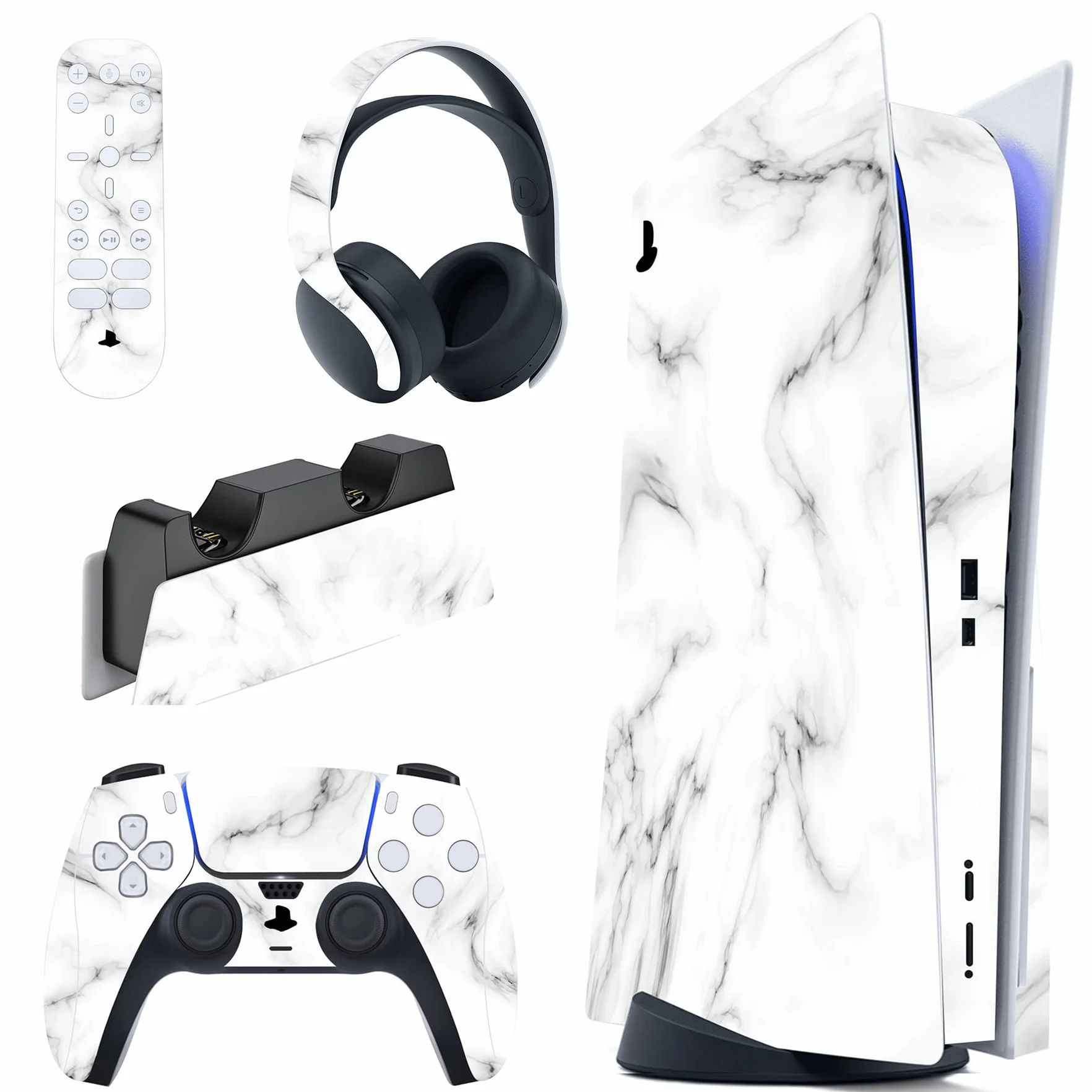PlayVital Skórka Sticker kompatybilny z ps5,Naklejka Skins do ps5 Disc Edition,Ochronne Naklejki do ps5 Kontroler&Stacja ładowania&Zestaw Słuchawkowy&Media Remote-Bezszwowy Biały Marmur
