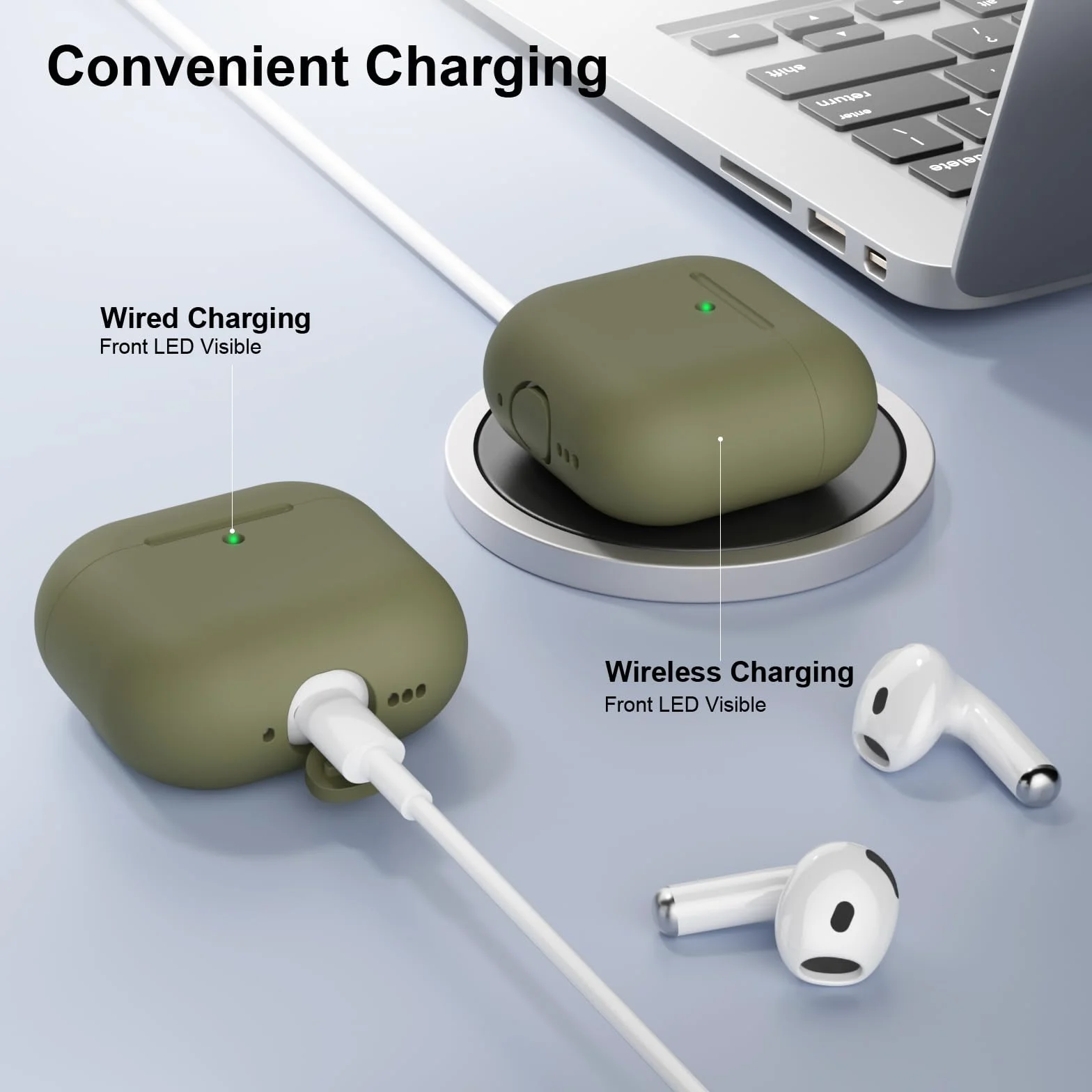 Etui kompatybilne z Airpods 4 (2024), odporne na wstrząsy silikonowe etui odporne na zarysowania do AirPods 4 generacji, widoczny przód LED, zielony
