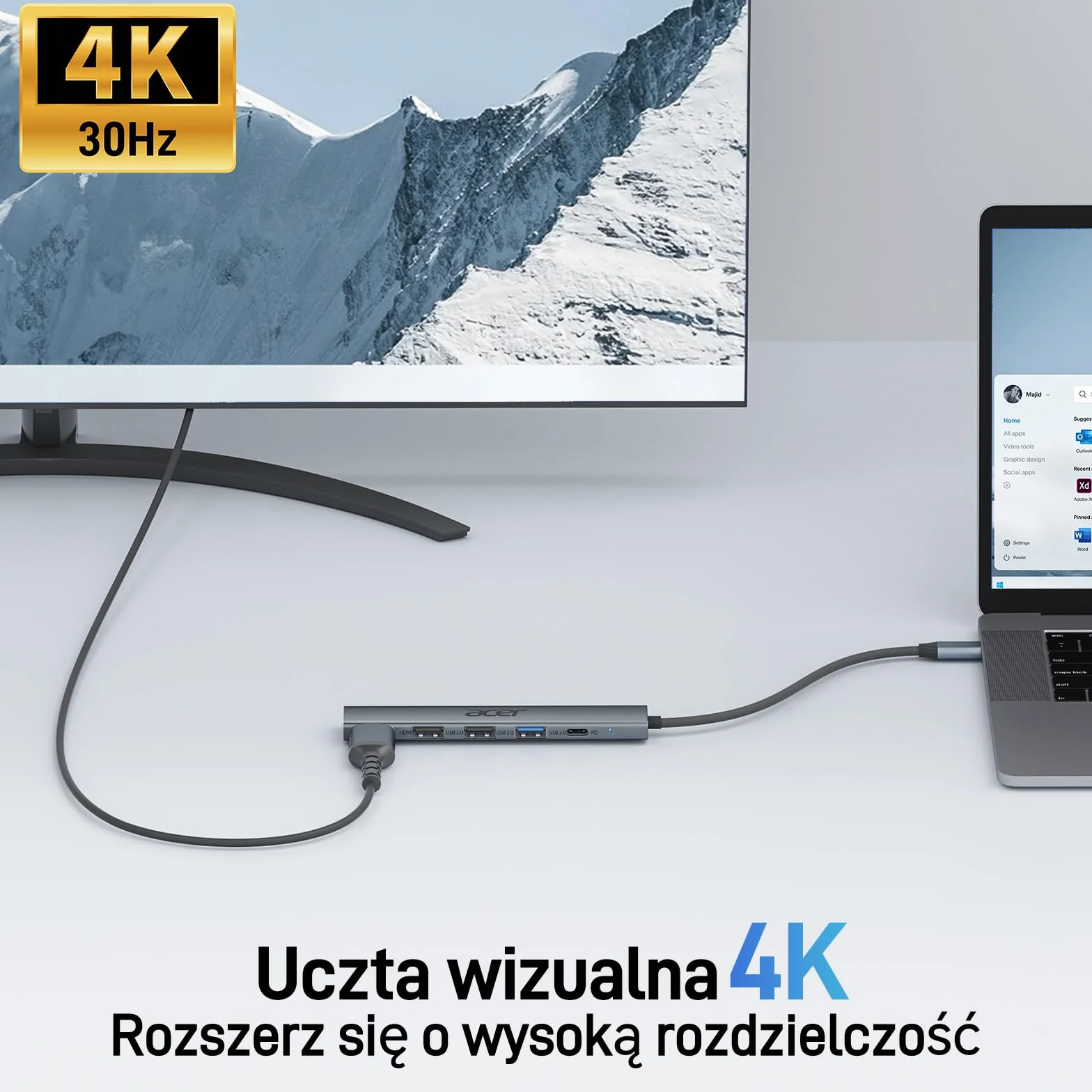 acer Hub USB C z HDMI 4K, aluminiowy adapter wieloportowy USB-C 5 w 1 z 3 portami USB-A, moc 100W, rozdzielacz typu C, kompatybilny z laptopem, tabletem, MacBookiem M3/M2, XPS, iPadem Pro itp.