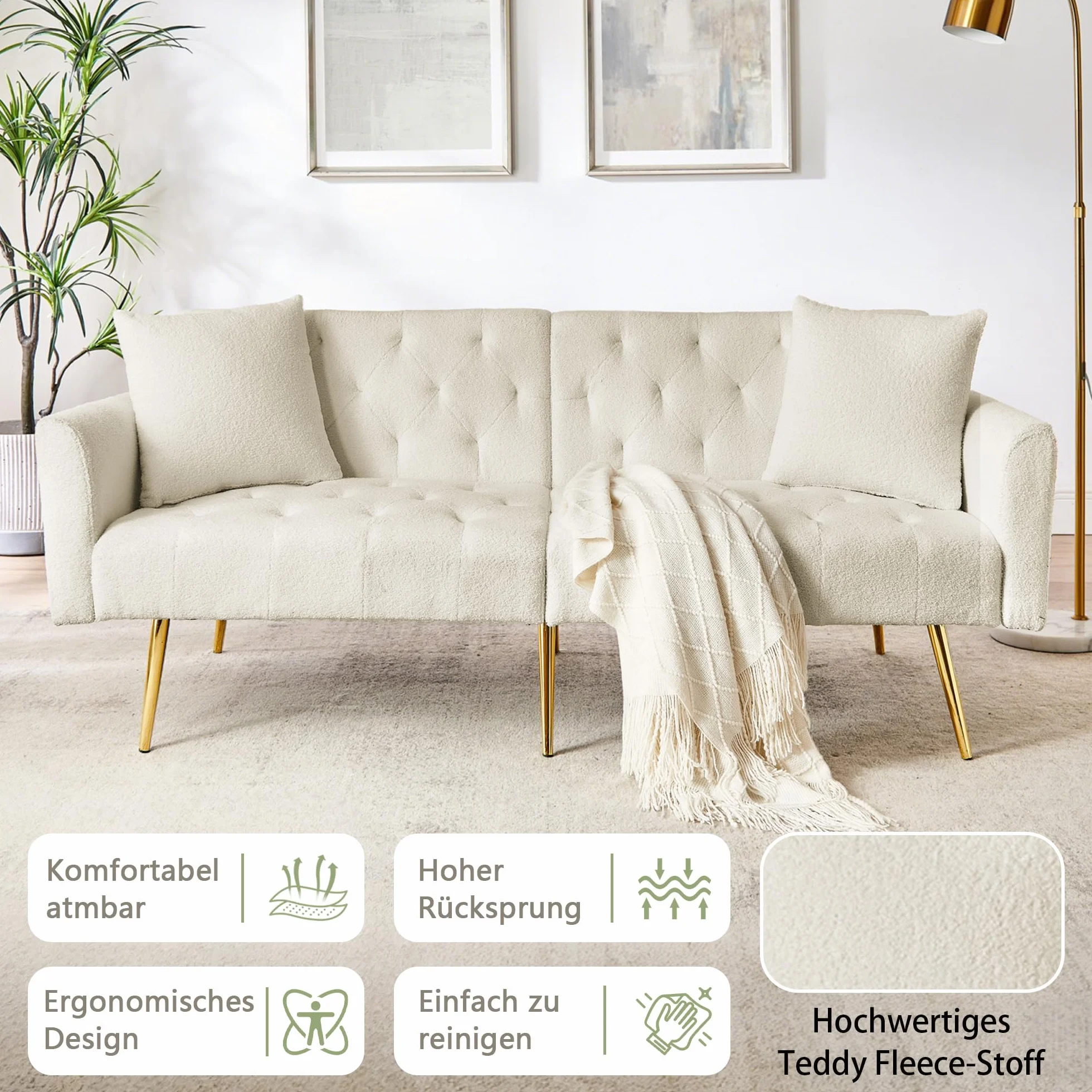 Sofa 2-osobowa beżowa z regulacją oparcia i poduszkami metalowe nogi