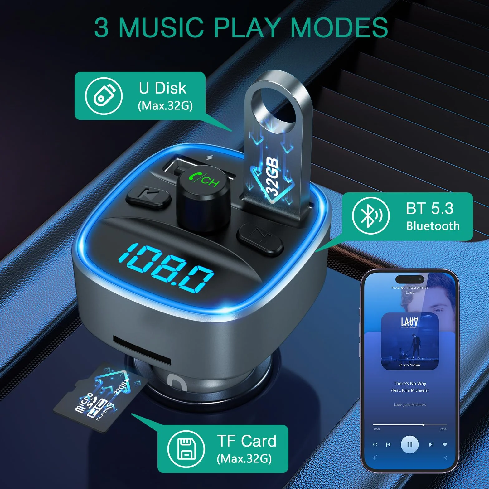 ORIA Samochodowy nadajnik FM Bluetooth 5.3, bezprzewodowy nadajnik radiowy, uniwersalna ładowarka samochodowa z podwójnym ładowaniem USB, zestaw głośnomówiący, odtwarzacz muzyczny, obsługuje kartę TF