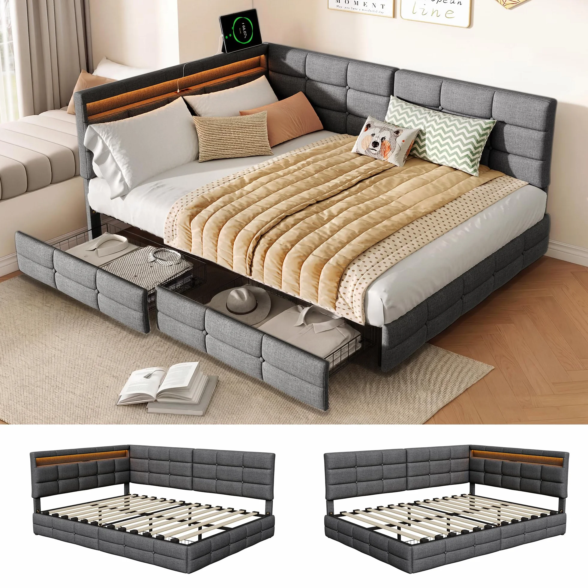 Łóżko tapicerowane, podwójne, 140 x 190 cm, z miejscem do przechowywania, łóżko dzienne, sofa z 2 szufladami, łóżko młodzieżowe z diodami LED i USB, łóżko funkcyjne ze stelażem, len, szare (szare, 140