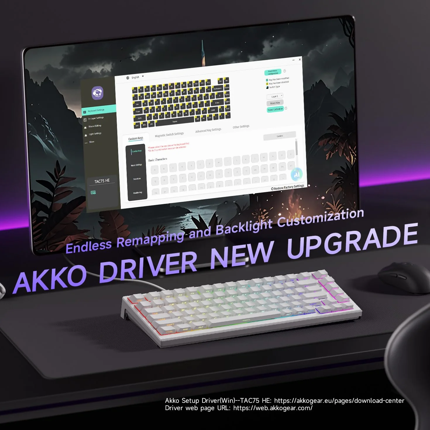 Akko TAC75 HE 8K Hz Klawiatura szybkiego wyzwalania, 75% przewodowa klawiatura z efektem Halla z przełącznikiem magnetycznym, regulowane uruchamianie, Snap Tap, ARGB (Shine Through White, przełącznik