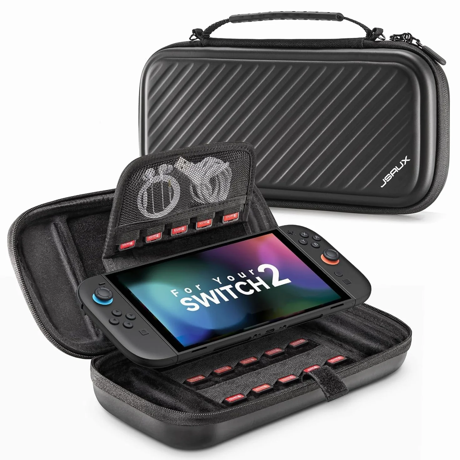 JSAUX Torba kompatybilna z Nintendo Switch 2 2025, ochronna twarda torba z 15 przegródkami na karty do gry, przenośna torba podróżna na konsolę Switch 2 i akcesoria, czarna