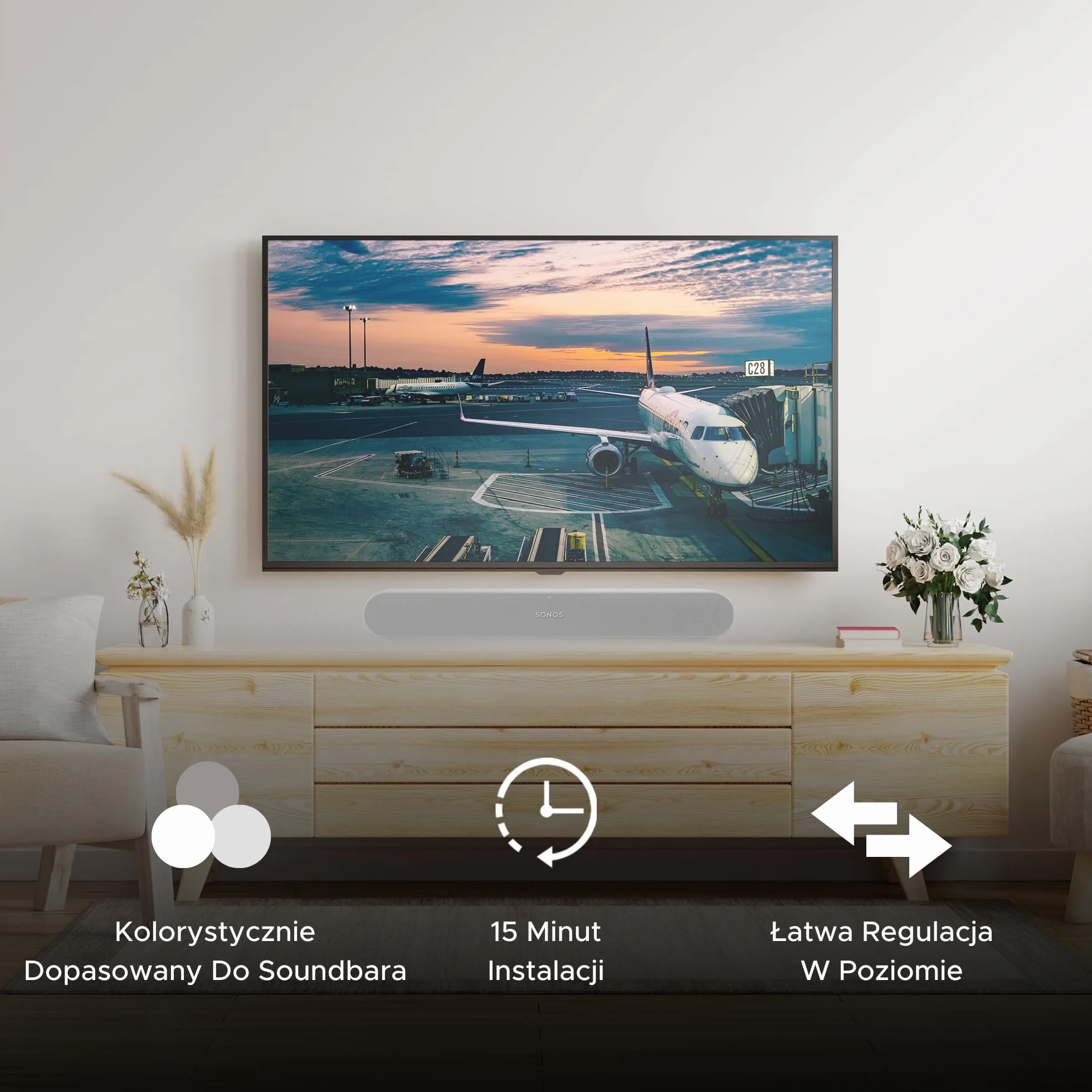 Sonos Ray Sound Bar Uchwyt na listwę dźwiękową ze wszystkimi niezbędnymi elementami montażowymi, uchwyt ścienny do listwy dźwiękowej pod telewizorem lub powyżej, łatwy w instalacji, biały