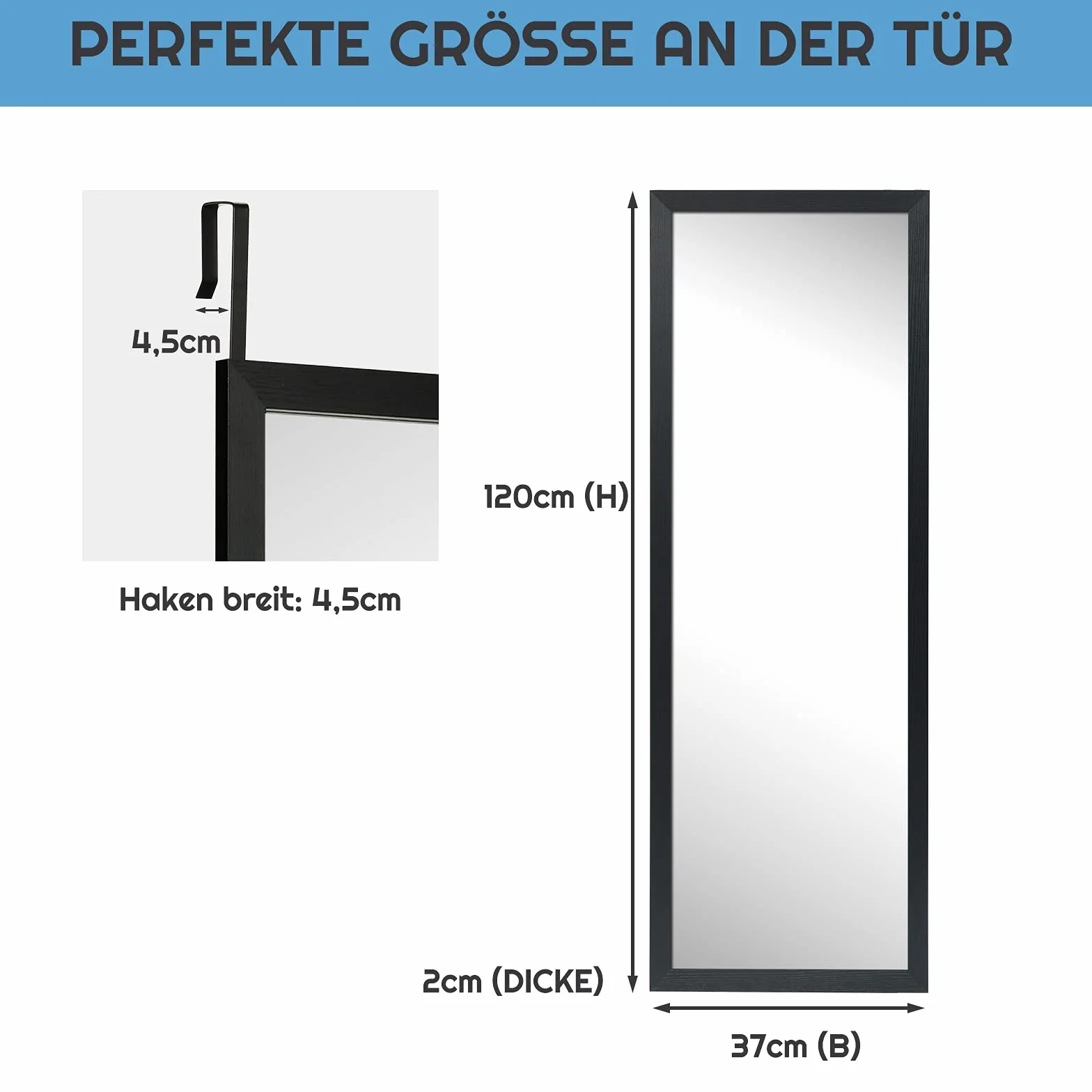 COSTWAY Lustro ścienne na drzwi, lustro wiszące, na całe ciało, z hakami wiszącymi z regulacją wysokości, do sypialni, salonu i wejścia, 120 x 37 cm (czarne)