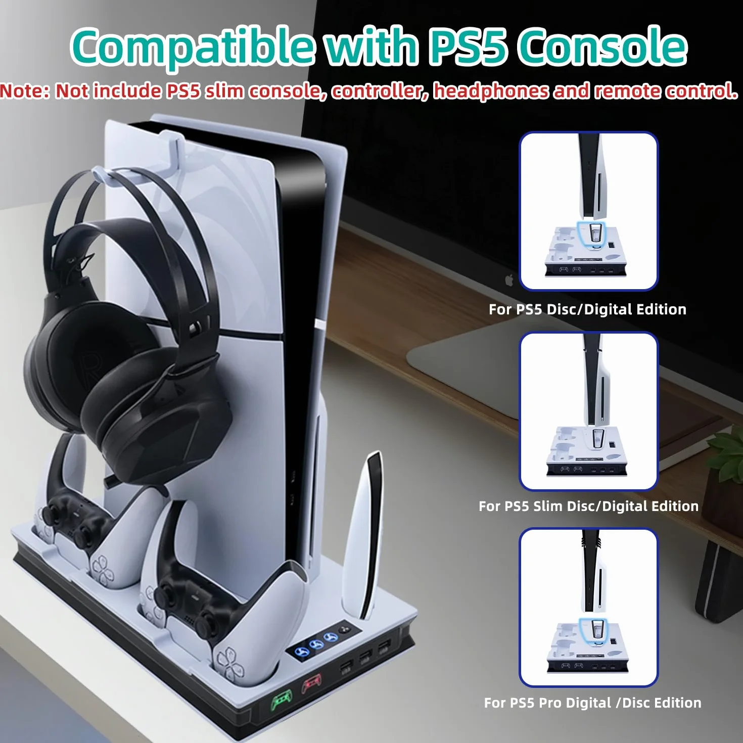 PS5 Slim podstawa z wentylatorem, stojak na słuchawki, stacja ładująca do kontrolera z USB, wielofunkcyjna stacja LED z magnesem