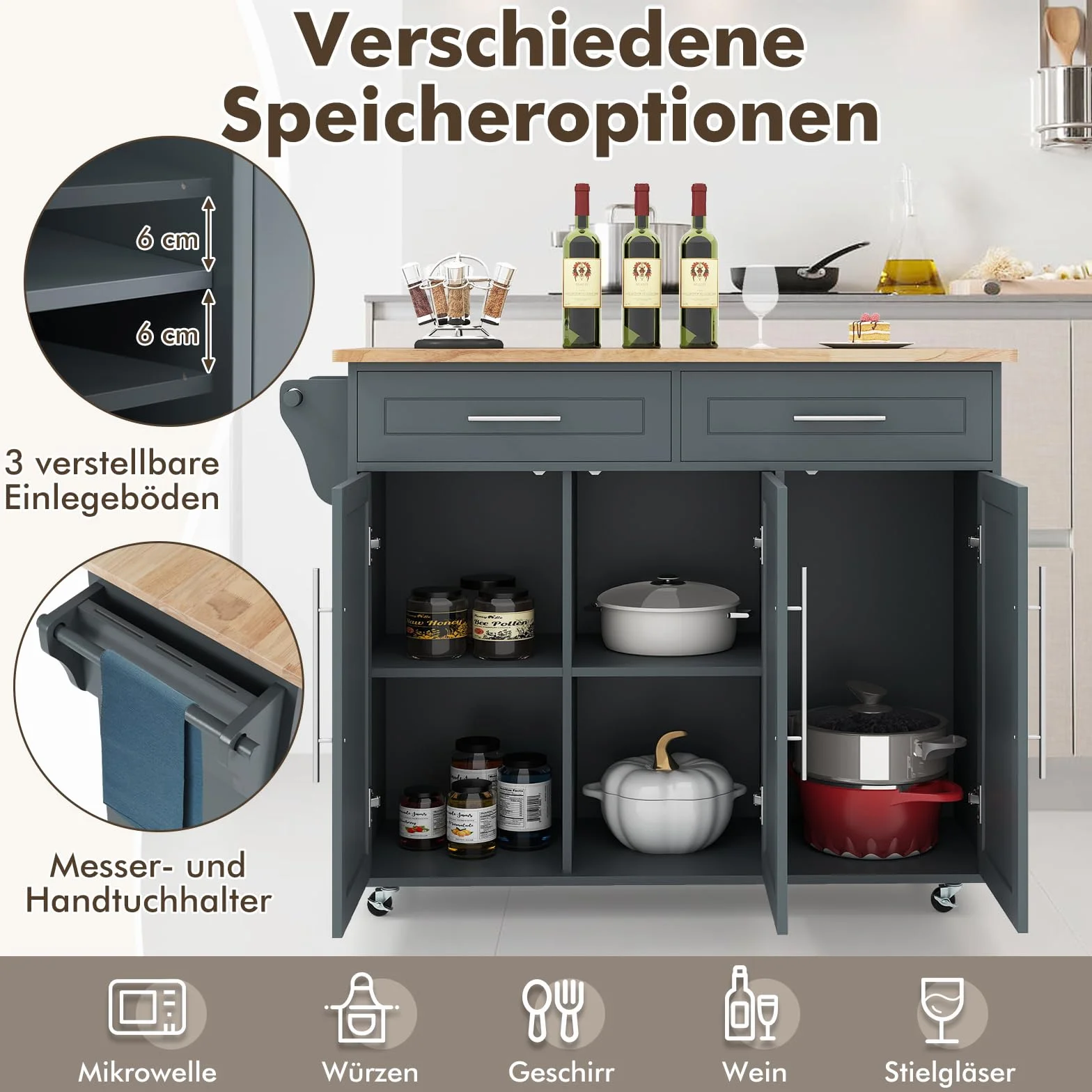 COSTWAY Wózek kuchenny na kółkach, wózek do serwowania z blatem roboczym, 2 szuflady, wieszak na noże i ręczniki, drewniany wózek kuchenny, szafka kuchenna do kuchni, wózek pomocniczy, wyspa kuchenna