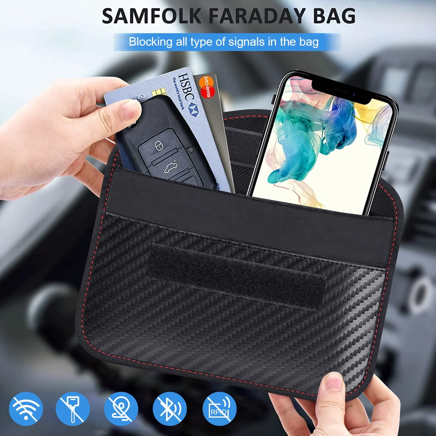 Samfolk Etui na telefon komórkowy z funkcją Anti Tracking Universal XL do smartfona Display Max 7,8" - Faraday pokrowiec na telefon komórkowy ochrona przed promieniowaniem włókno węglowe czarne