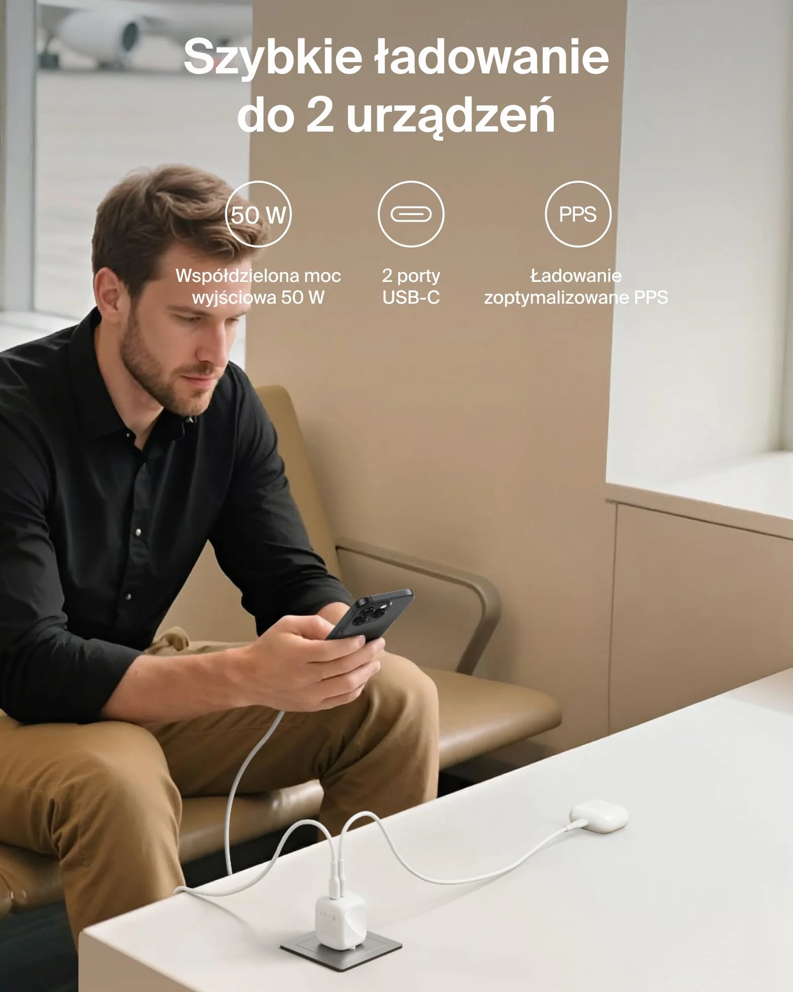 Belkin 2-portowa Ładowarka USB-C 50 W, Ładowarka GaN z 2 Portami USB-C, Szybkie Ładowanie Urządzeń MacBook, iPhone 17, iPad Pro, Chromebook, Galaxy S25 Ultra, Pixel 10 – Akcesoria Podróżne – Biała