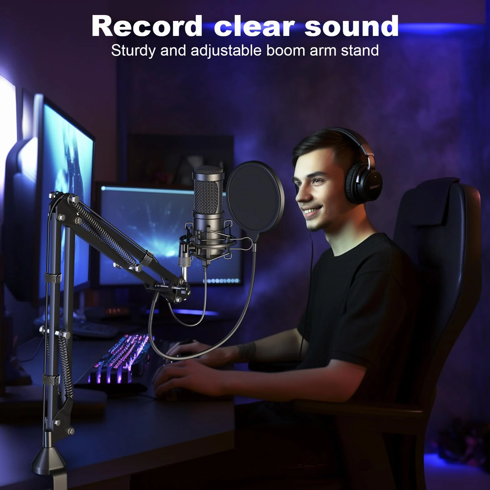 Aokeo AK-60 Mikrofon USB, 192 kHz/24-bit, do gier PC, ze stojakiem na ramię, uchwytem amortyzującym, filtrem pop, osłoną piankową, do podcastów, przesyłania strumieniowego, studia, karaoke, nagrywania